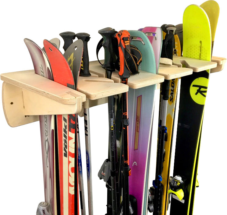 Rado Racks Ponderosa ski wall rack holding multiple skis and poles, mounted on a wall for convenient ski storage.