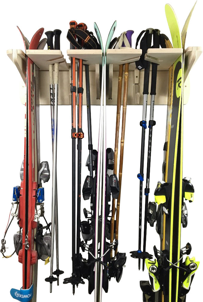 Rado Racks Ponderosa ski wall rack displaying multiple skis neatly mounted on a wooden wall.