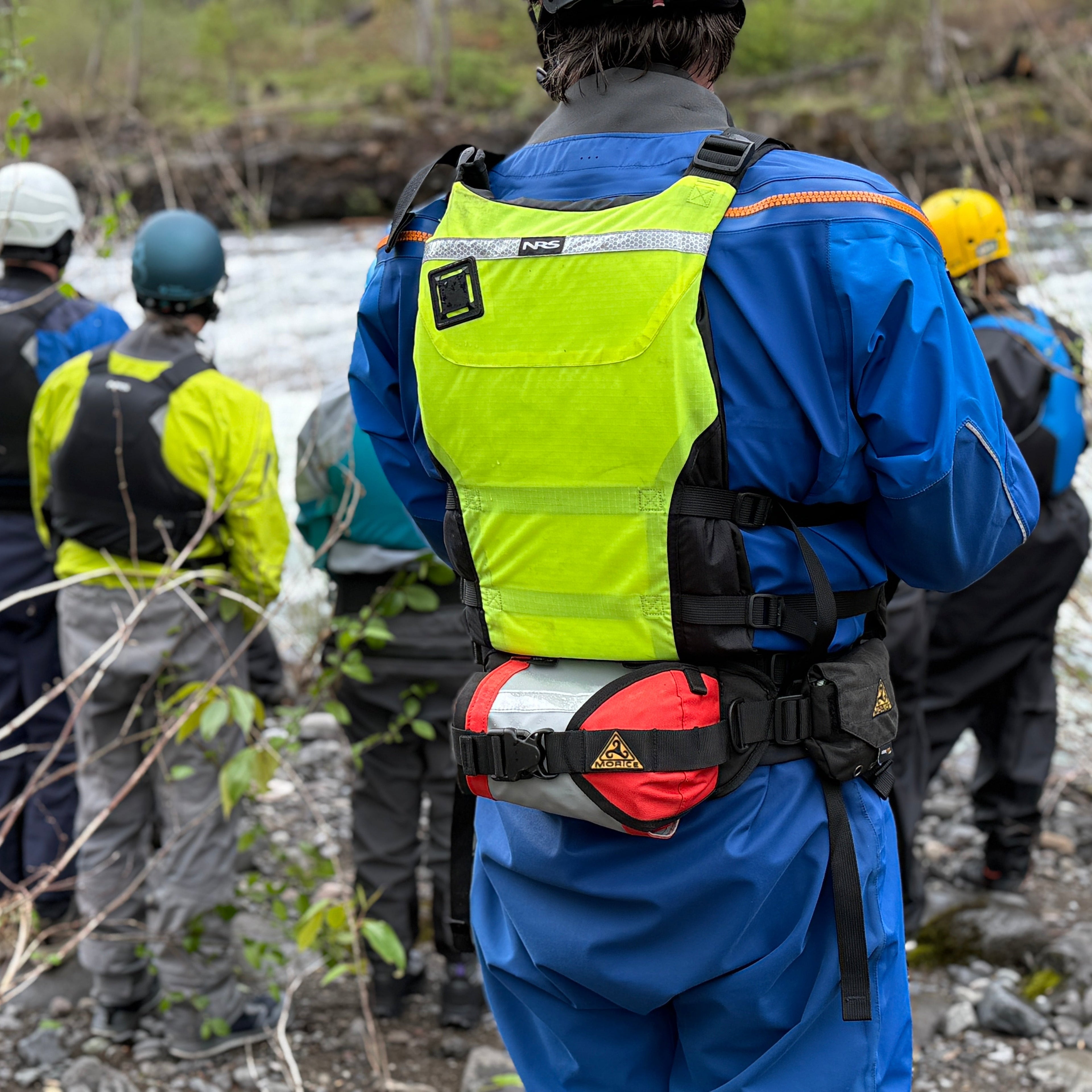 River Hardware Morice 20m throw bag and river rescue belt system for rafting safety, with bright orange throw bag and rescue belt visible.