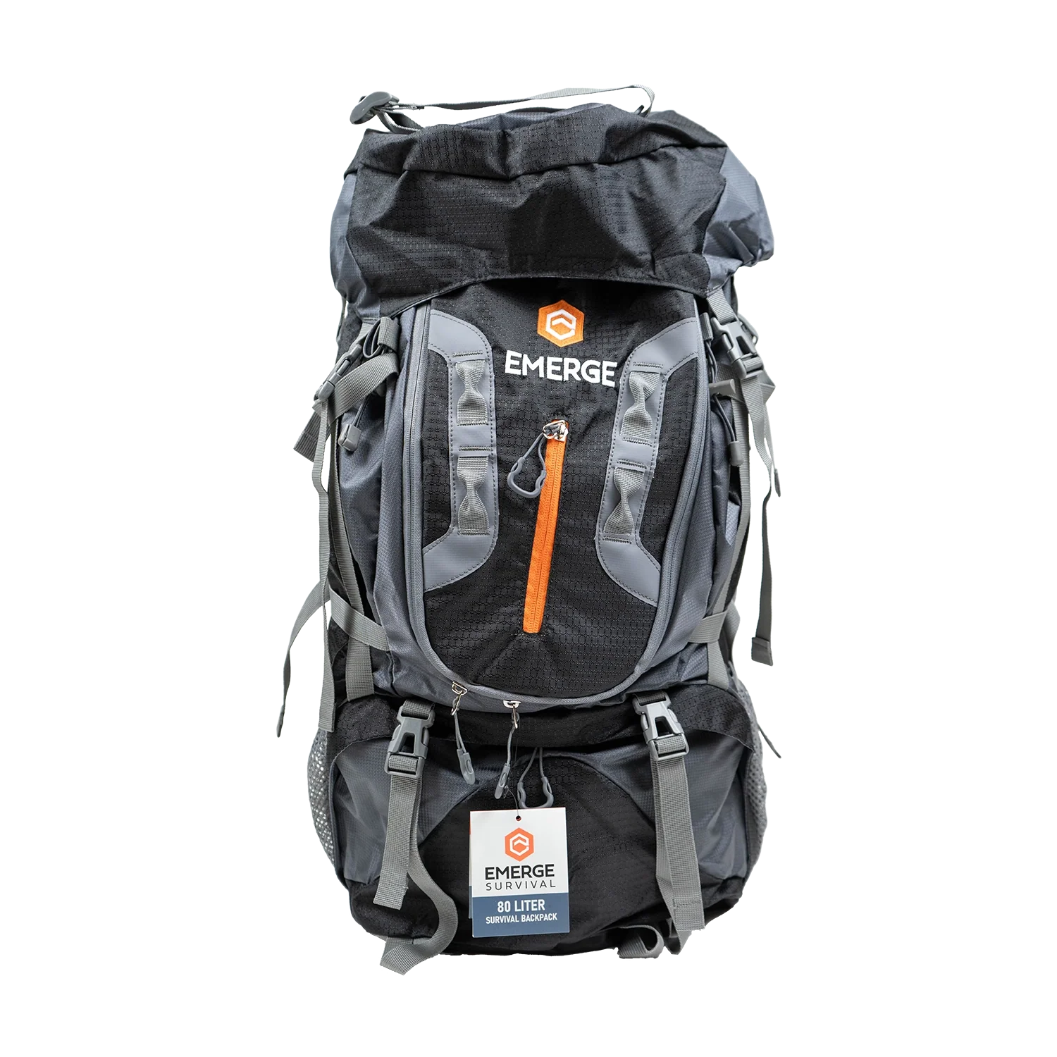 Emerge Survival 80L Ranger Backpack with multiple compartments and durable design for outdoor survival and hiking adventures.