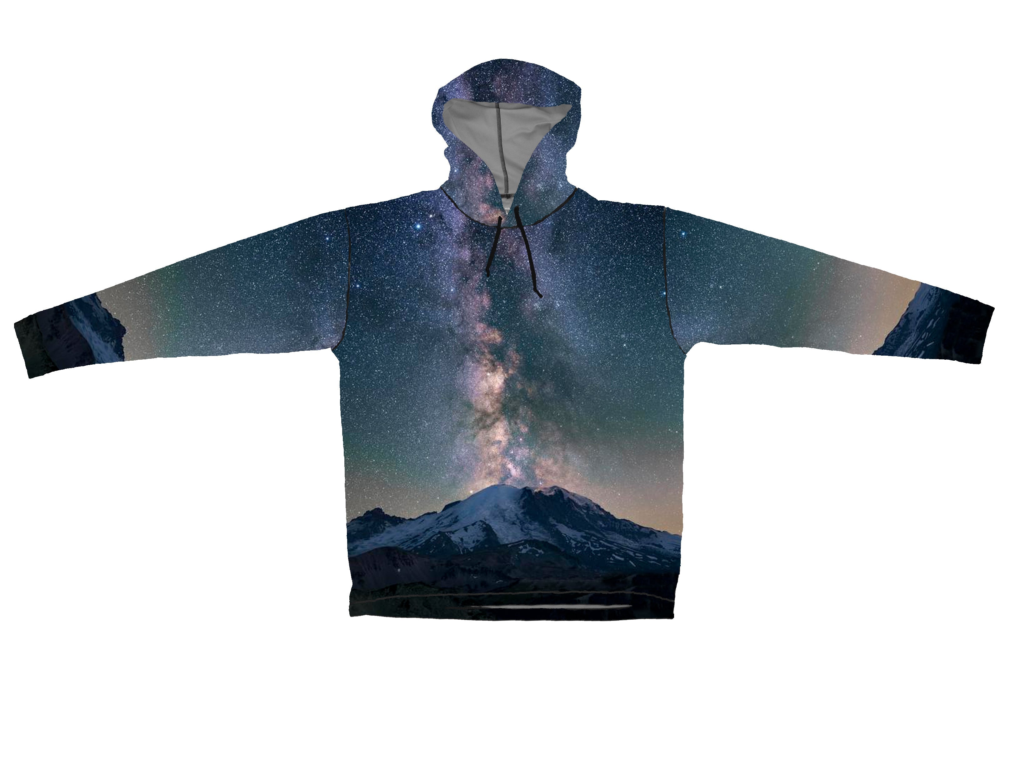 Mount Rainier wildlife graphic hoodie by Cognito Brands featuring a sun protection design and a Milky Way night sky scene.