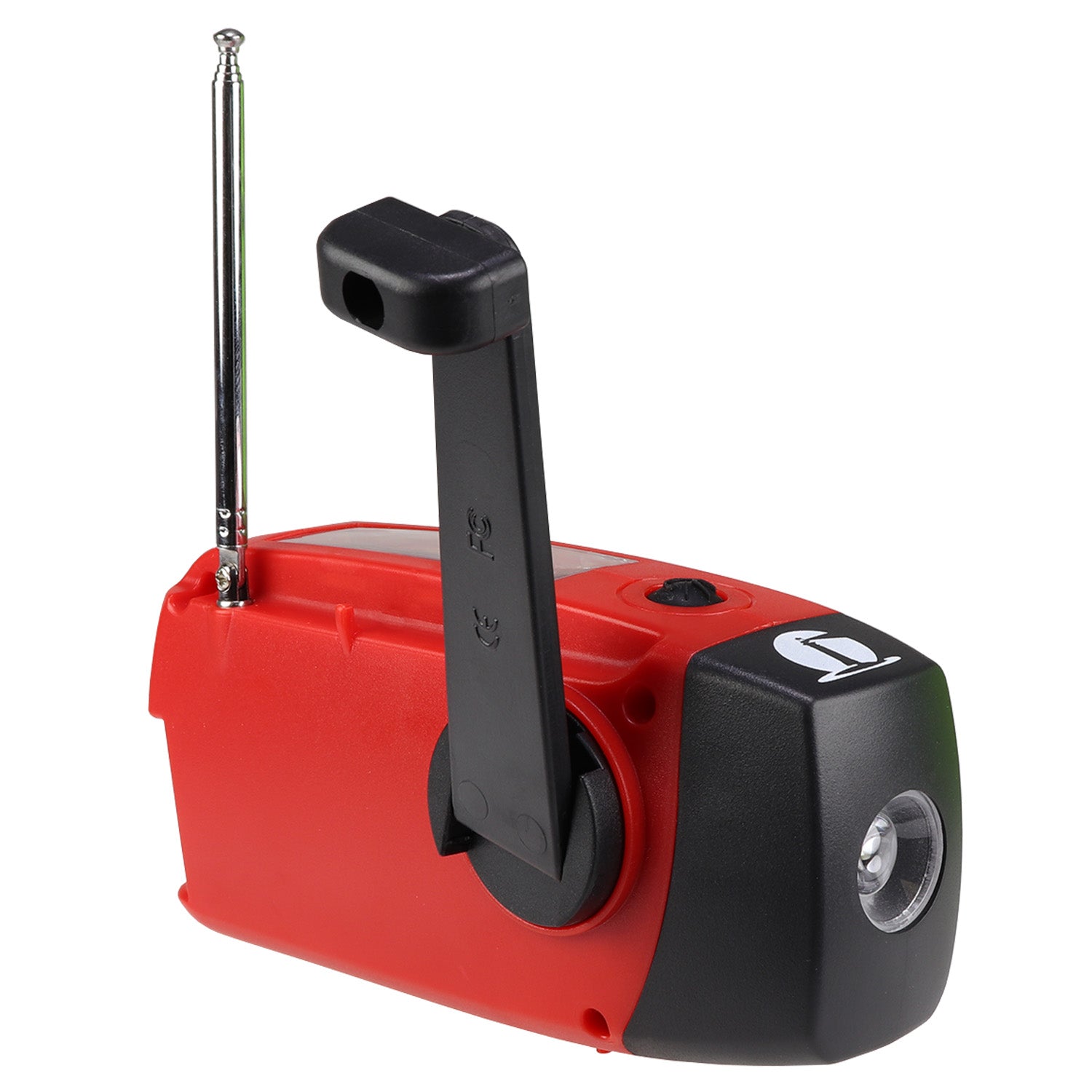 Red 4-in-1 Dynamo NOAA radio with flashlight, designed for emergency communication and outdoor use.
