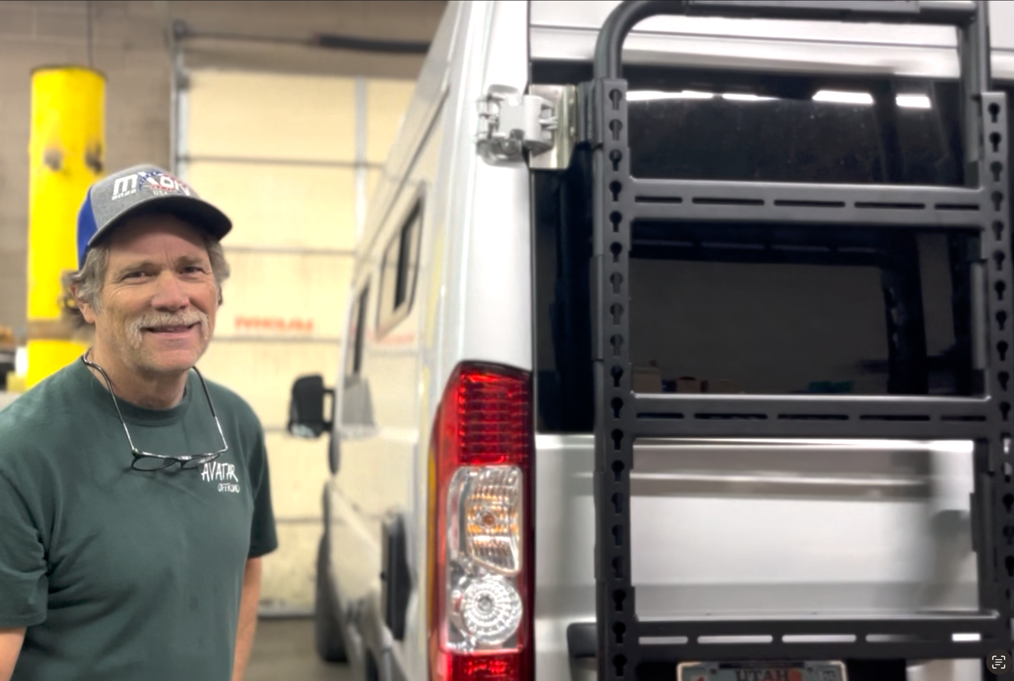 Avatar Offroad Van Rear Door Storage Mount installed on Promaster van, showcasing durable mounting system for organized cargo.