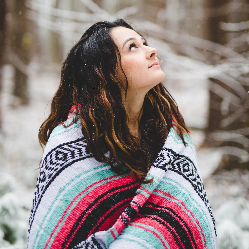 Seafoam Green & Coral Mexican Falsa Blanket - OVERLANDERS Outfitter