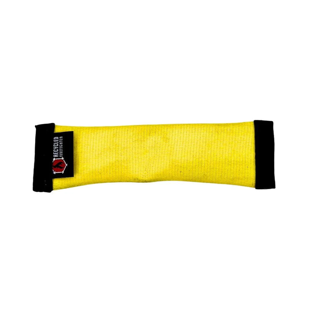 Recycled Firefighter yellow and black recycled fire hose dog fetch toy, durable and eco-friendly for active dogs.