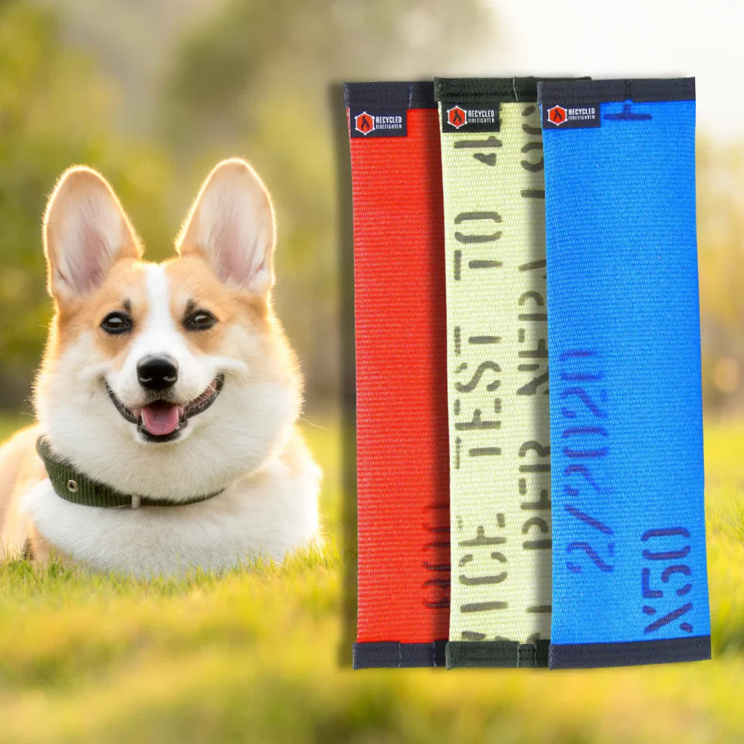 Recycled Firefighter dog fetch toy made from recycled fire hose, durable and flexible for outdoor play with dogs.