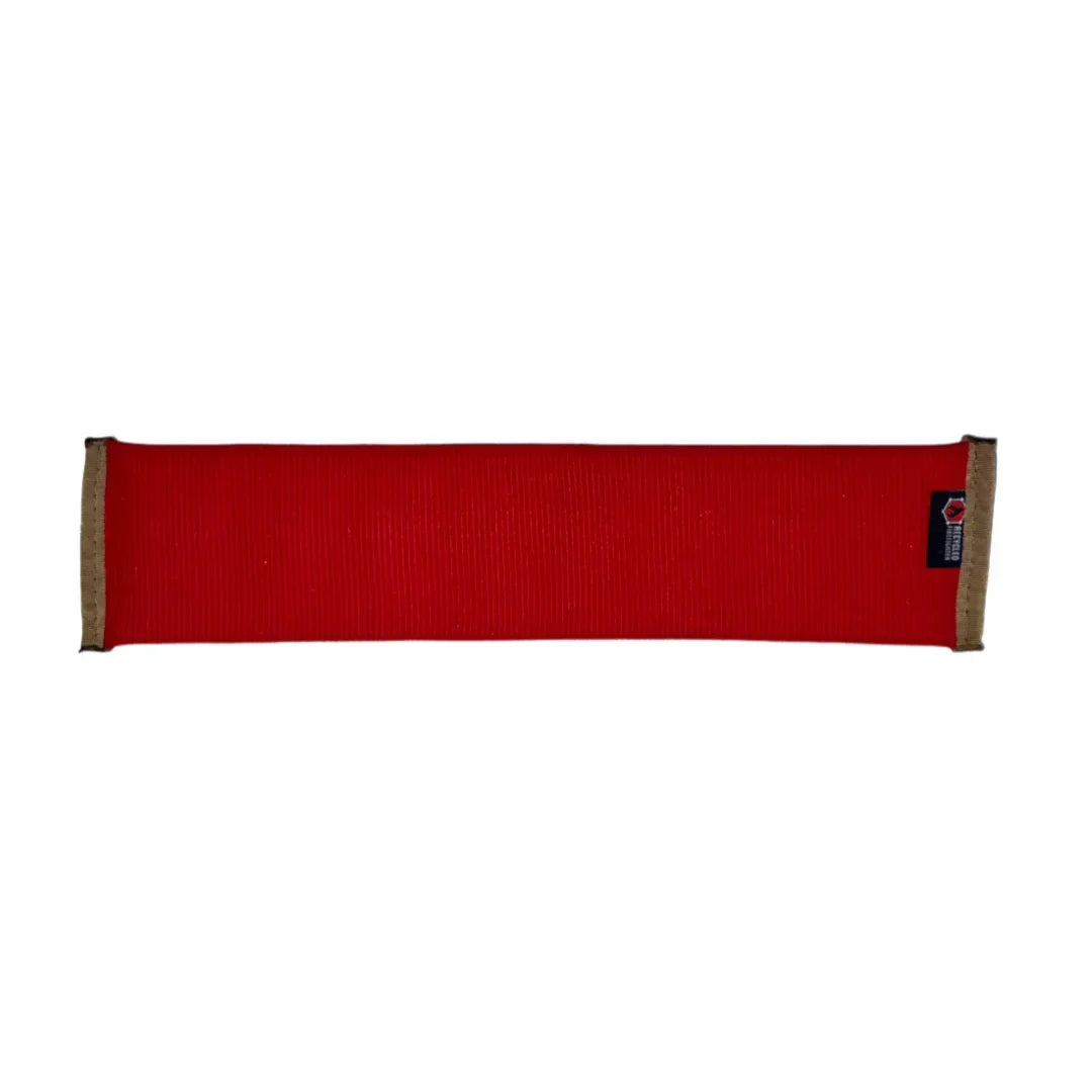 Recycled Firefighter red and black fire hose dog fetch toy, durable and eco-friendly dog toy for active pets.