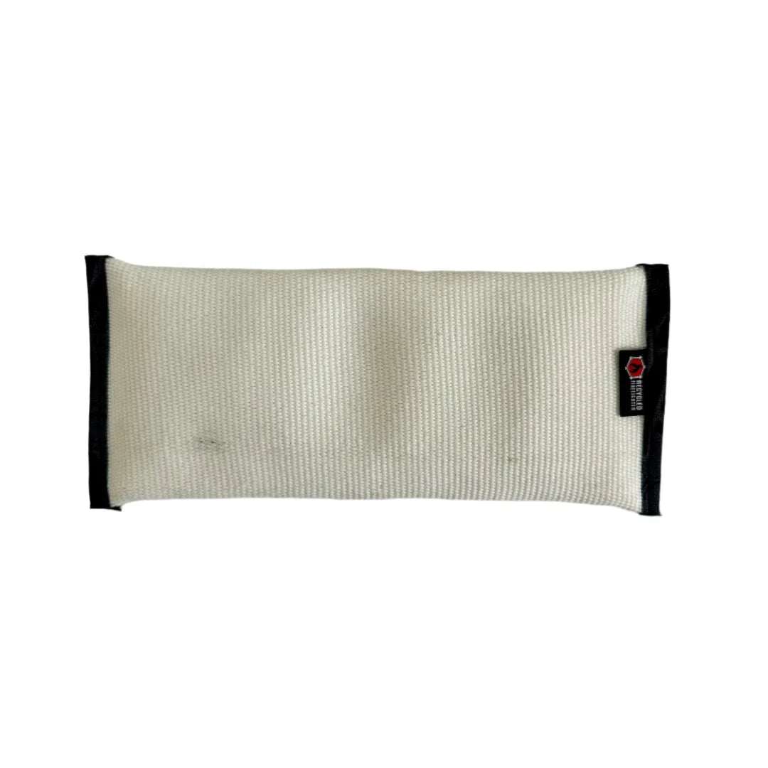 Recycled Firefighter fire hose dog fetch toy in white with black accents, durable and eco-friendly for playful outdoor fetch.