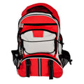 Red Elite multi-pocket hikers backpack with multiple compartments and sturdy straps, ideal for outdoor adventures.