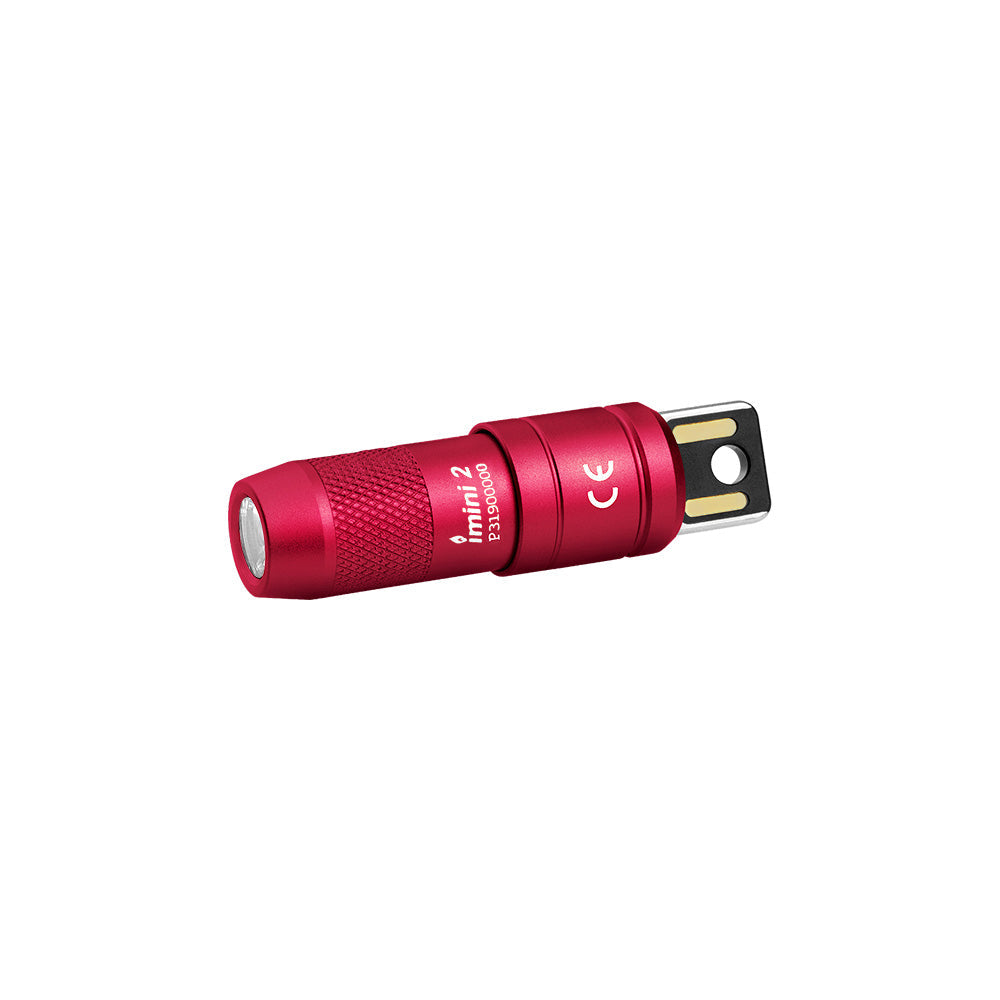 Red Olight iMini 2 rechargeable mini flashlight with magnetic attachment, keychain light, and 50 lumens brightness.
