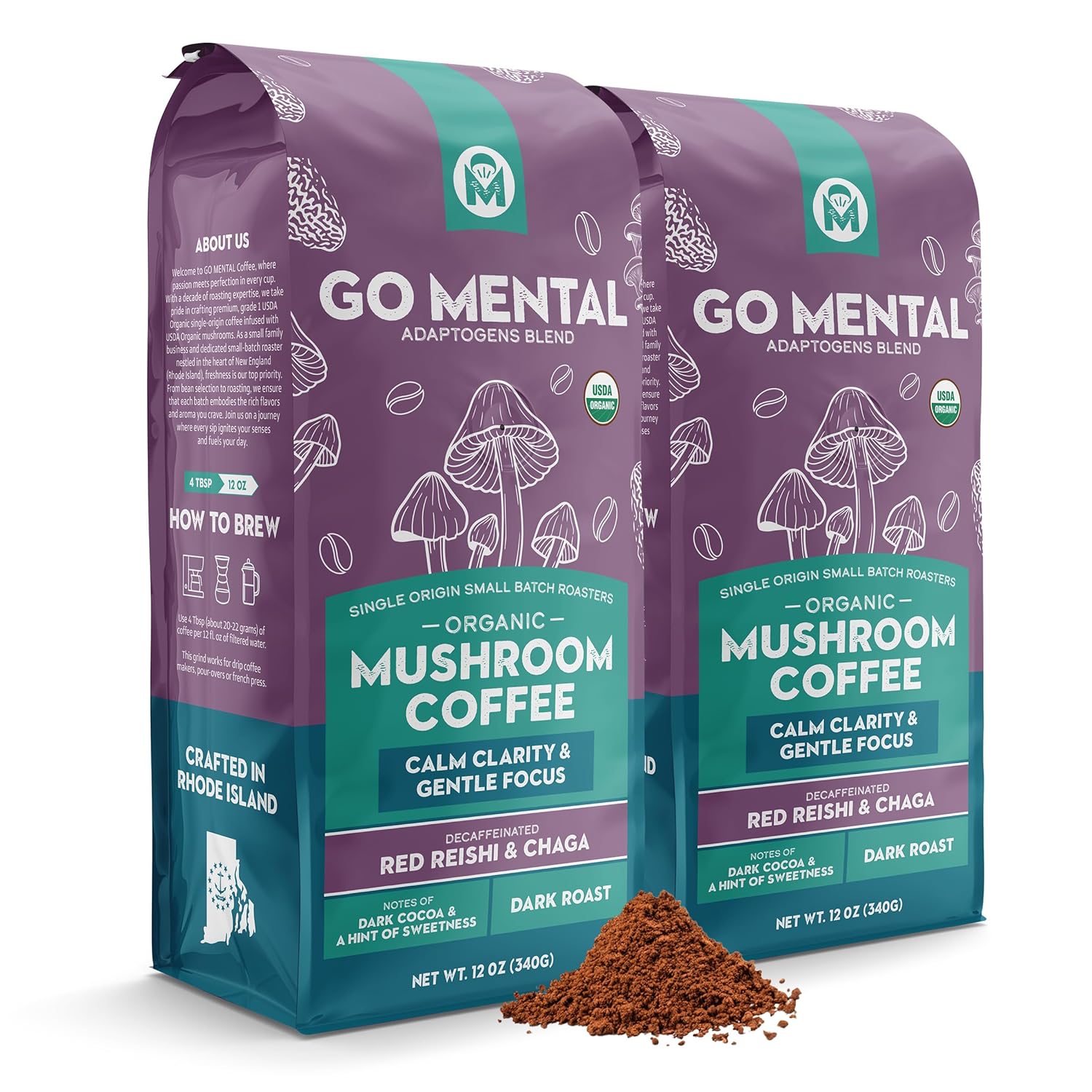 Decaffeinated Red Reishi and Chaga mushroom coffee adaptogen blend in a jar with scoop, from GO MENTAL MUSHROOM COFFEE.
