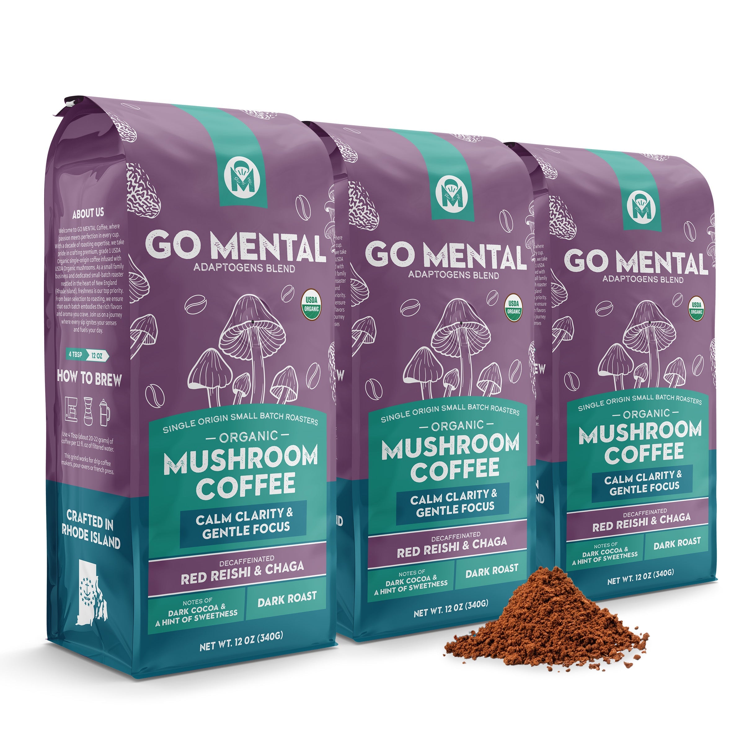 Decaffeinated Red Reishi and Chaga mushroom coffee blend in a cup with a spoon, highlighting adaptogens and rich mushroom ingredients.