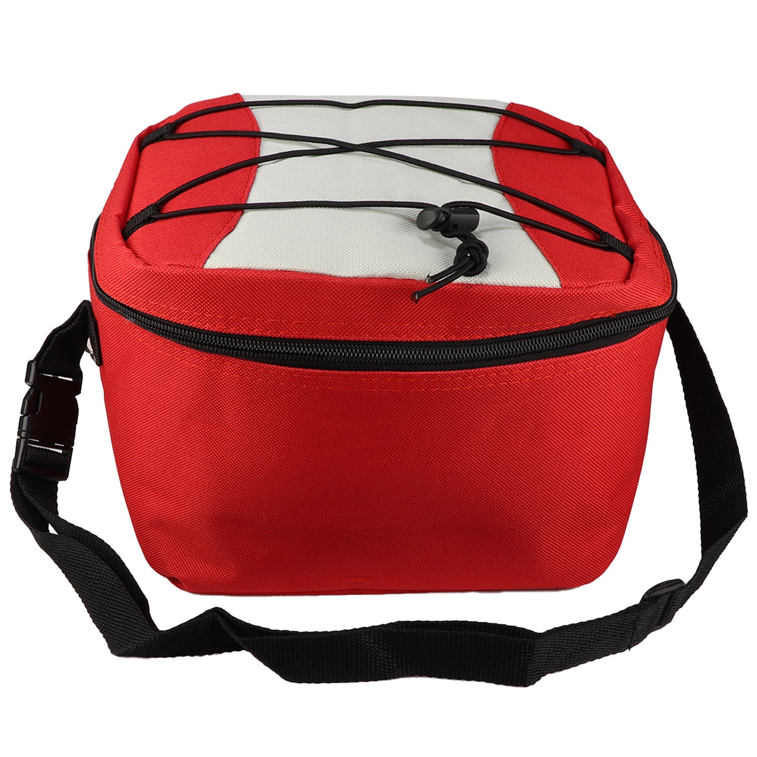 Red waterproof cooler bag by QuakeKits, insulated soft cooler with strap for portable storage of drinks and food.