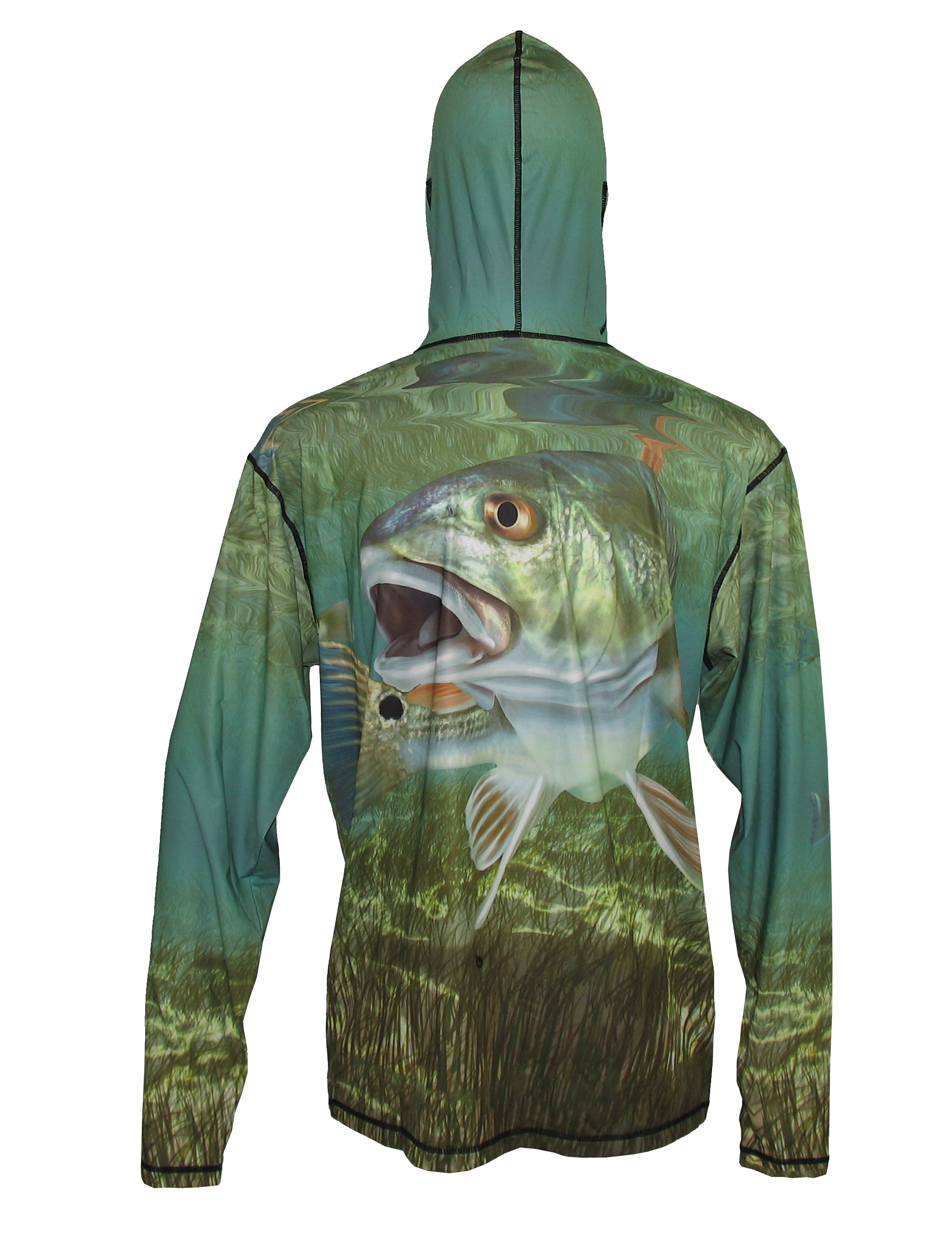 Redfish graphic fishing hoodie by Sunpro, made by Cognito Brands, Inc., featuring a detailed redfish design on the back.