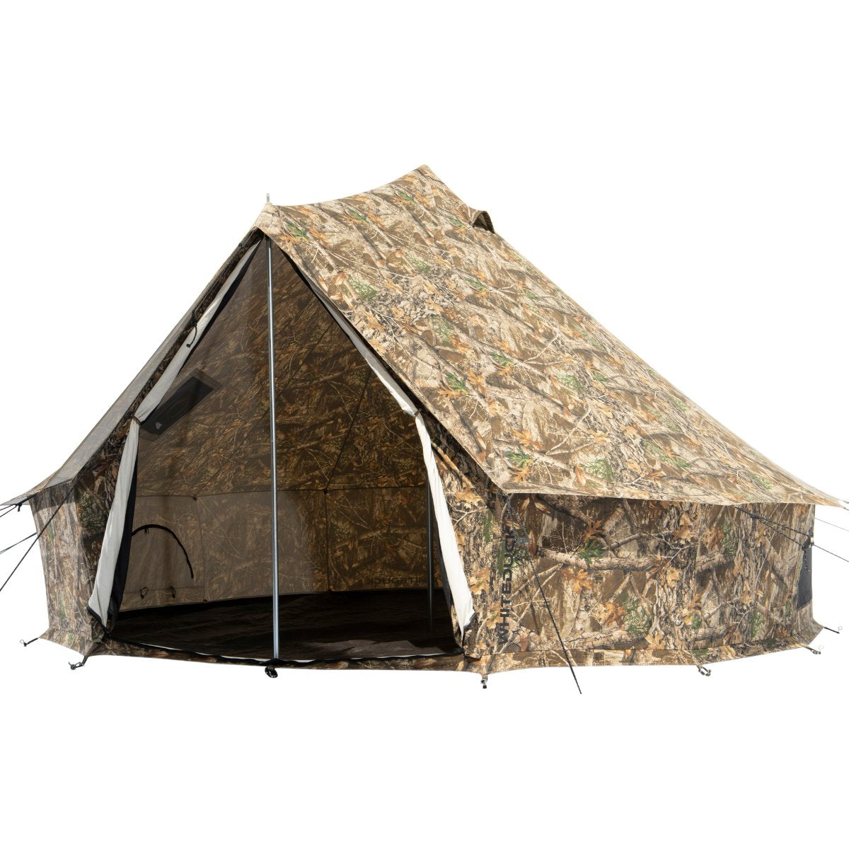 White Duck Outdoors 16' Regatta Bell Tent in Realtree Edge camo, front right side view with open mesh door.