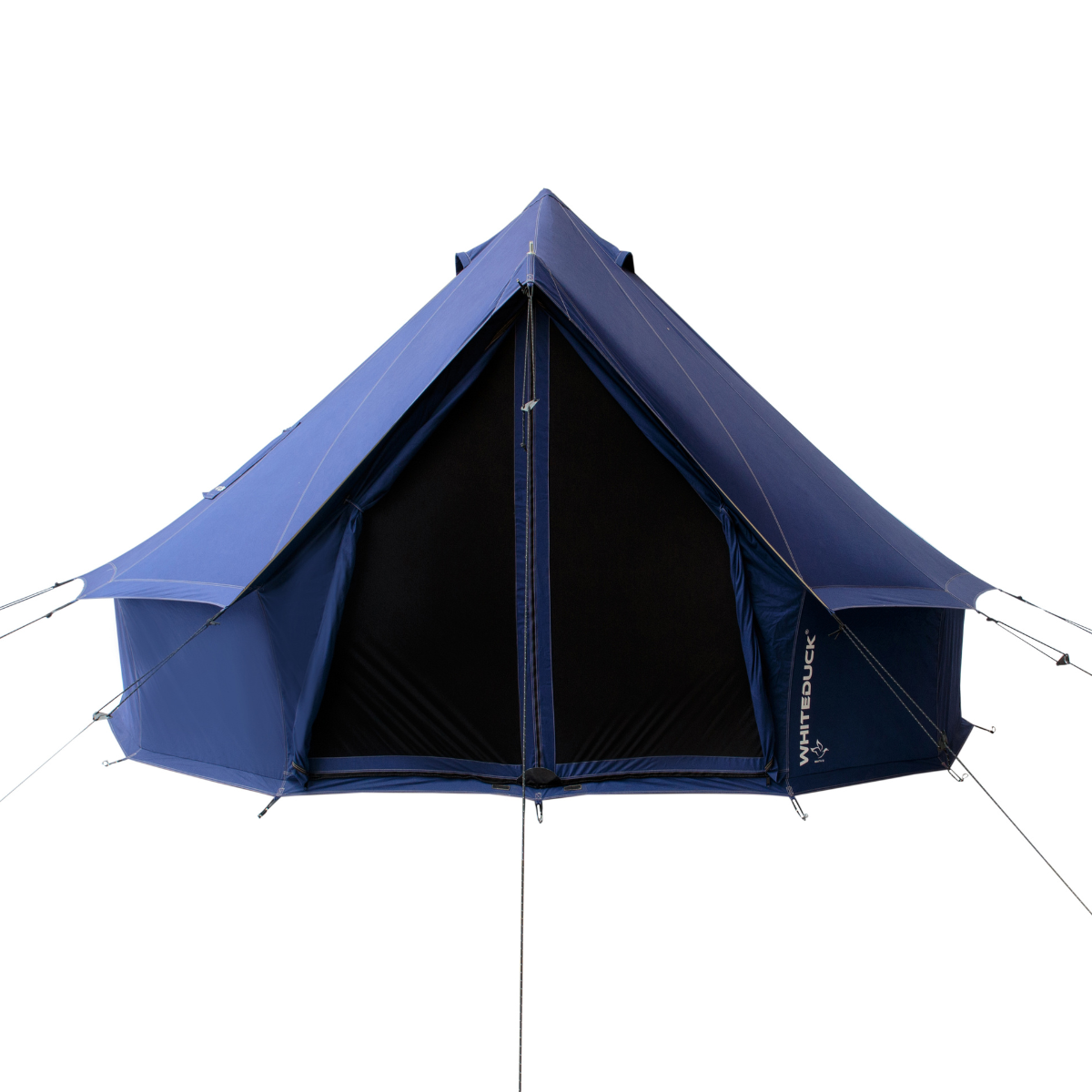 Sapphire blue 13-foot Regatta Bell Tent by White Duck Outdoors showing the spacious fabric tent with entrance and windows.