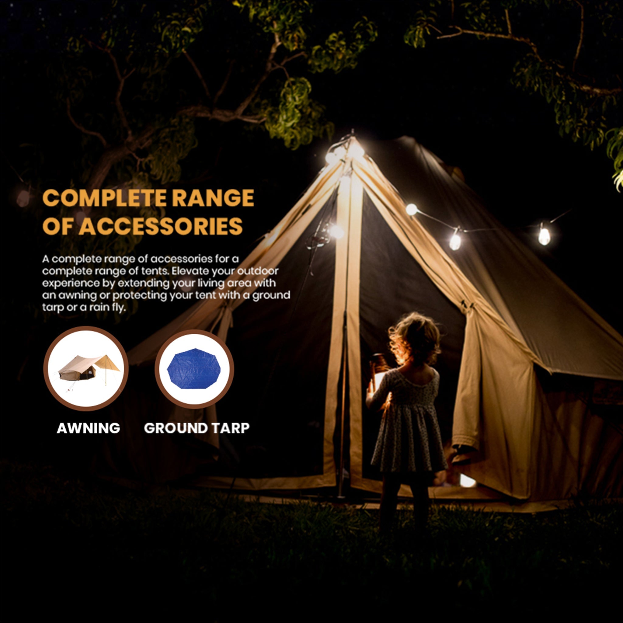 Infographic showing accessories and features of the 16-foot White Duck Outdoors Regatta Bell Tent, including stakes, poles, and setup details.