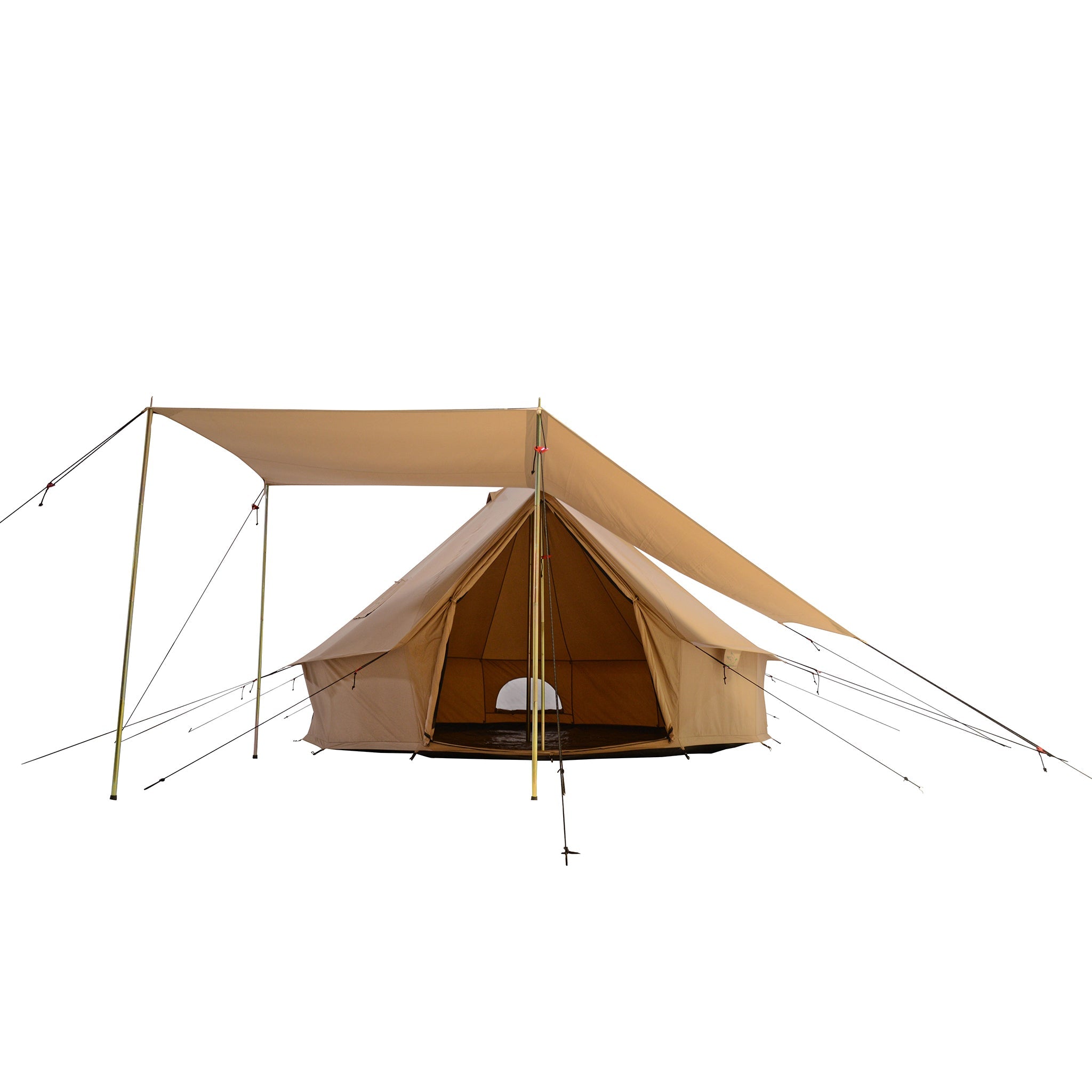 Open view of a 10-foot Regatta Bell Tent Awning by White Duck Outdoors, showcasing its spacious fabric and sturdy frame.