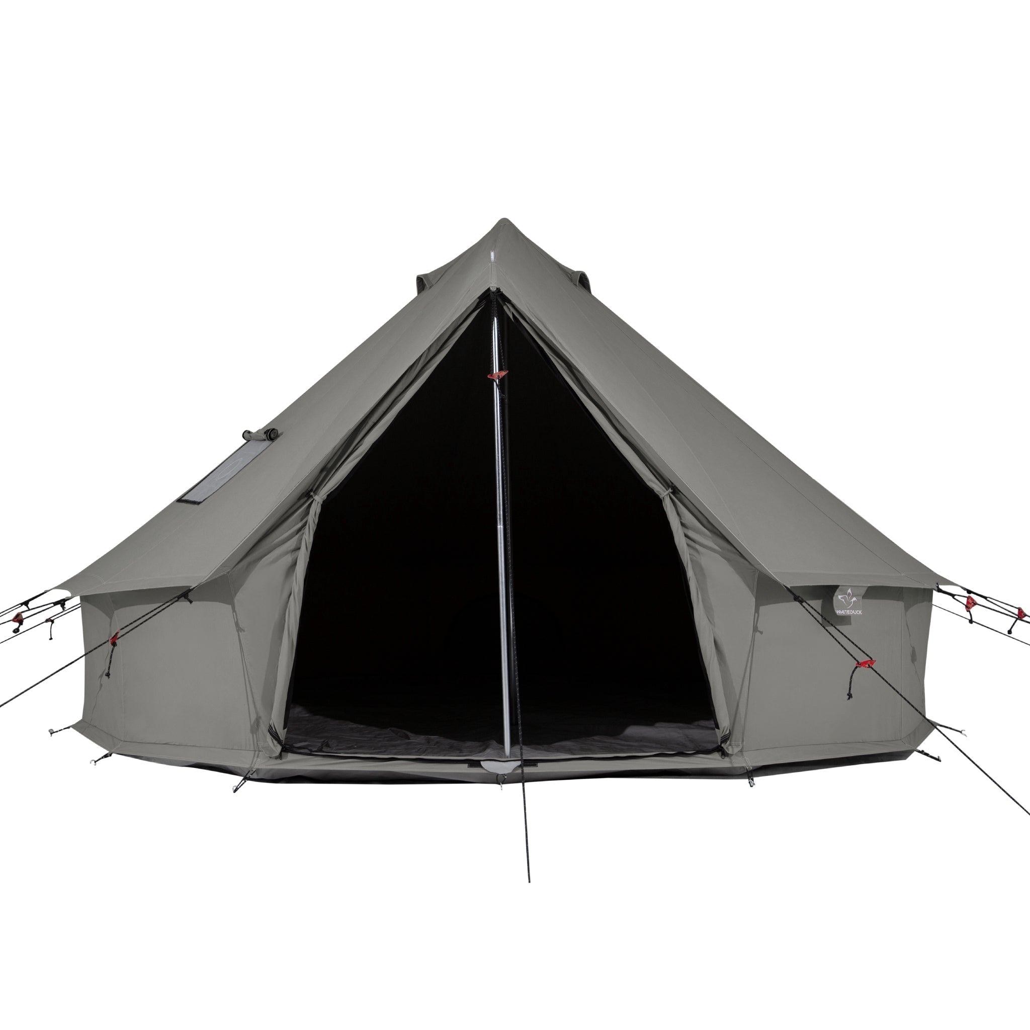 White Duck Outdoors Regatta Bell Tent in Boulder Grey with open mesh front, showcasing its spacious, durable camping design.