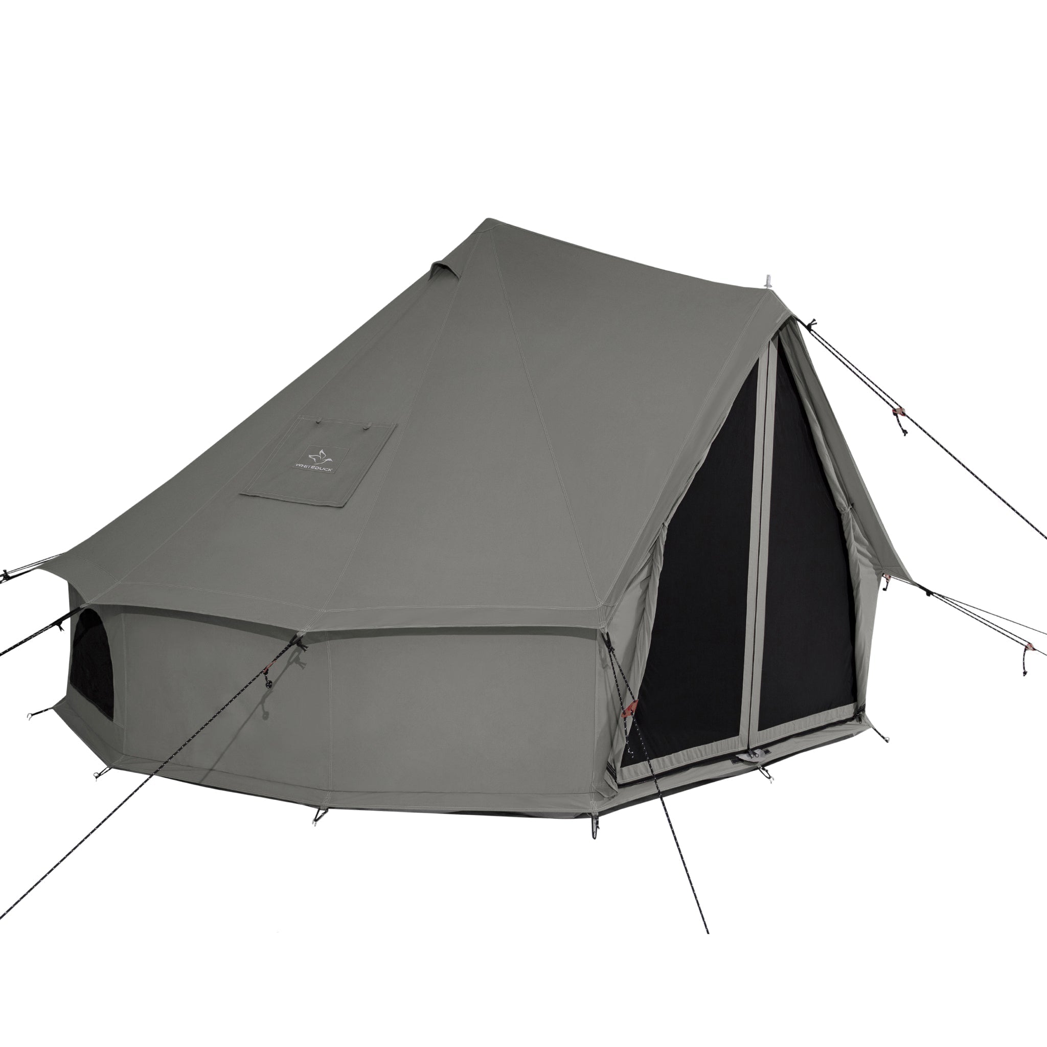 White Duck Outdoors Regatta Bell Tent in Boulder Grey, showing the left side view of the spacious, durable camping tent.