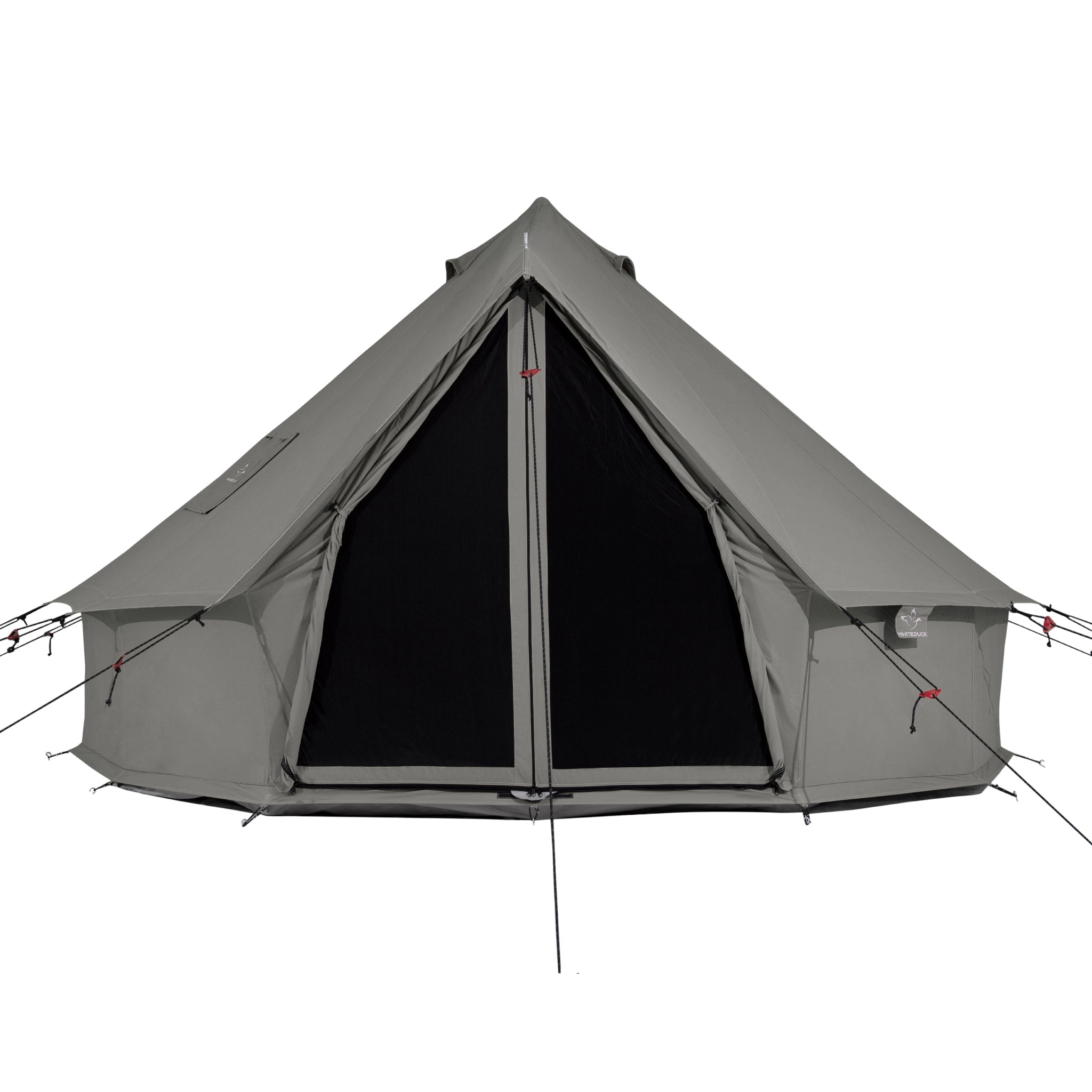 White Duck Outdoors Regatta Bell Tent in Boulder Grey set up outdoors, showcasing its spacious design and durable fabric.