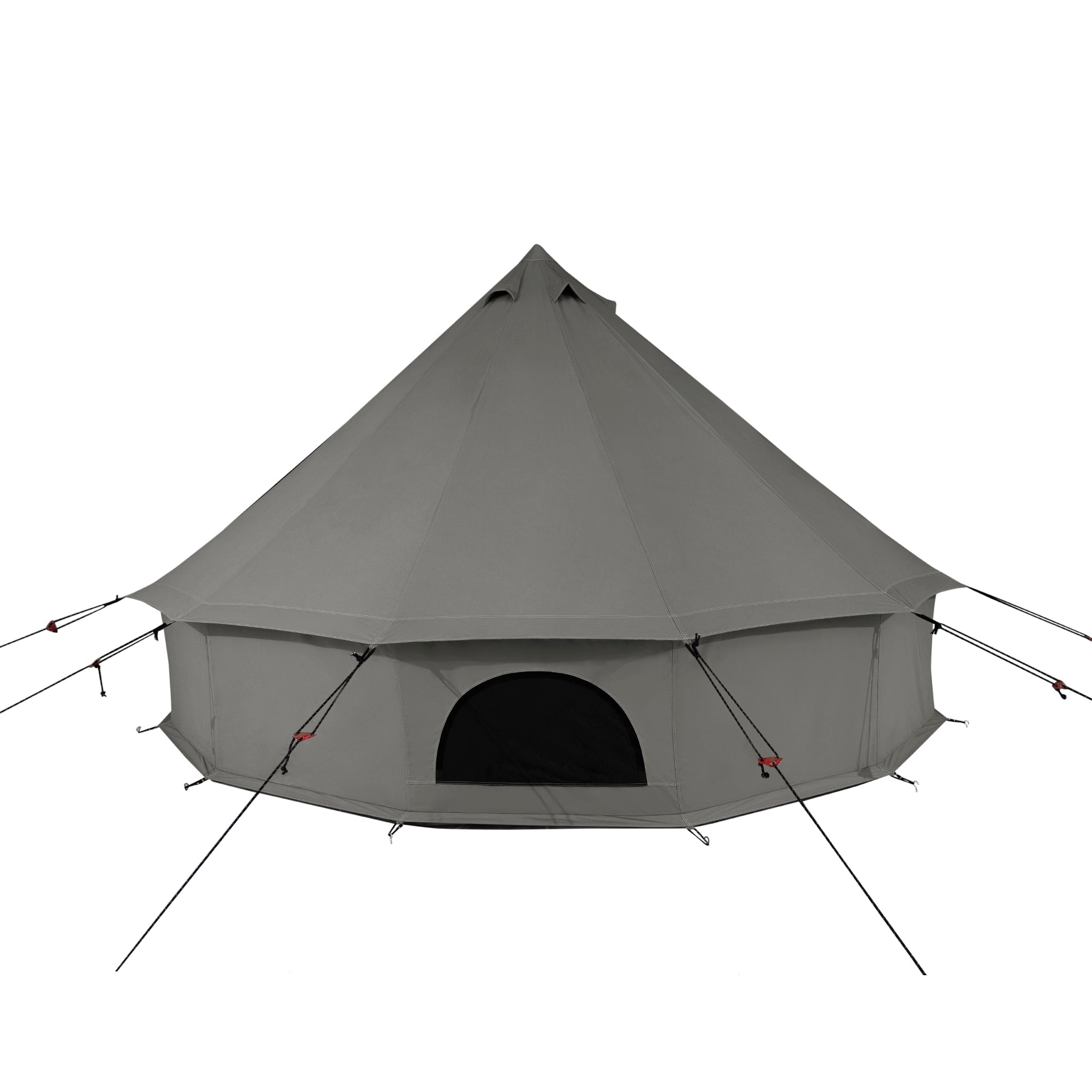 White Duck Outdoors Regatta Bell Tent in Boulder Grey, rear view showing spacious camping shelter with sturdy fabric and classic bell shape.