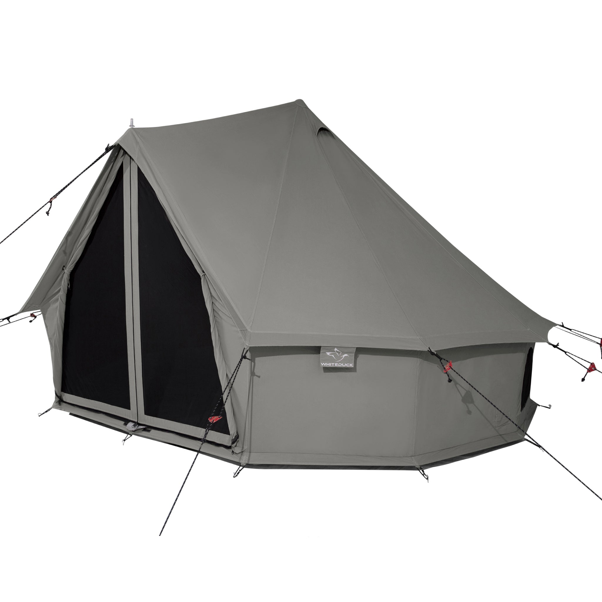 White Duck Outdoors Regatta Bell Tent in Boulder Grey shown from the side with fabric walls and a spacious design.