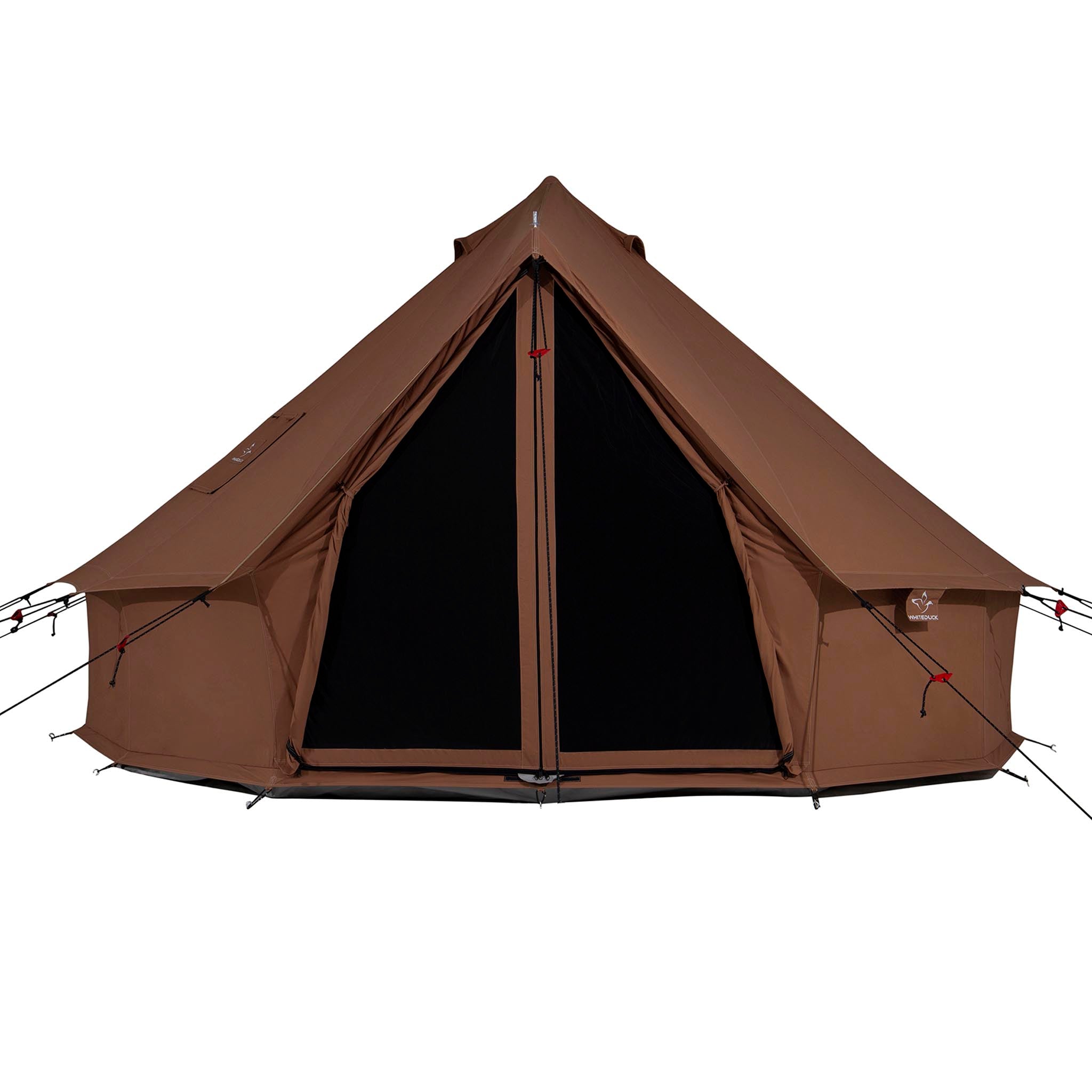 White Duck Outdoors Regatta Bell Tent in desert red with front view, showcasing its spacious design and sturdy construction.