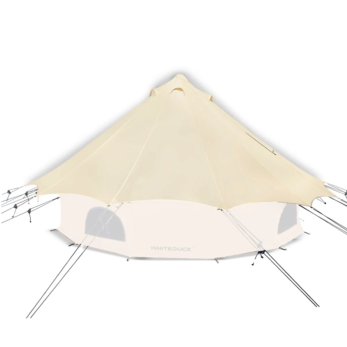 White Duck Outdoors Bell Tent fly sheet in natural white, fully open to show lightweight waterproof fabric and tent coverage.