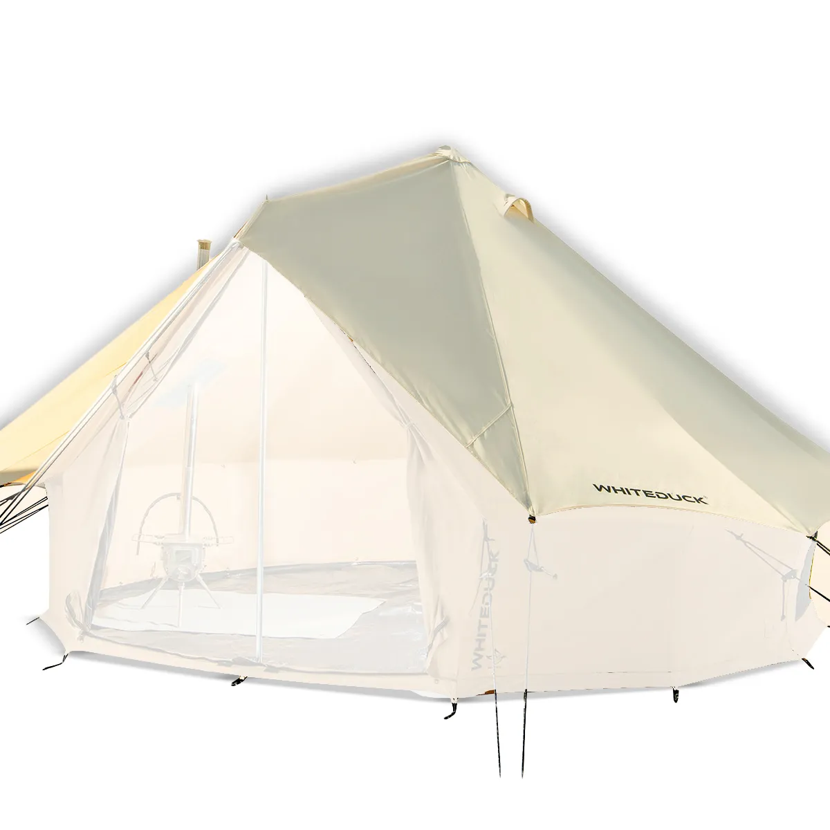 White Duck Outdoors Bell Tent fly sheet in natural white, side view showing durable waterproof fabric and secure attachment points.