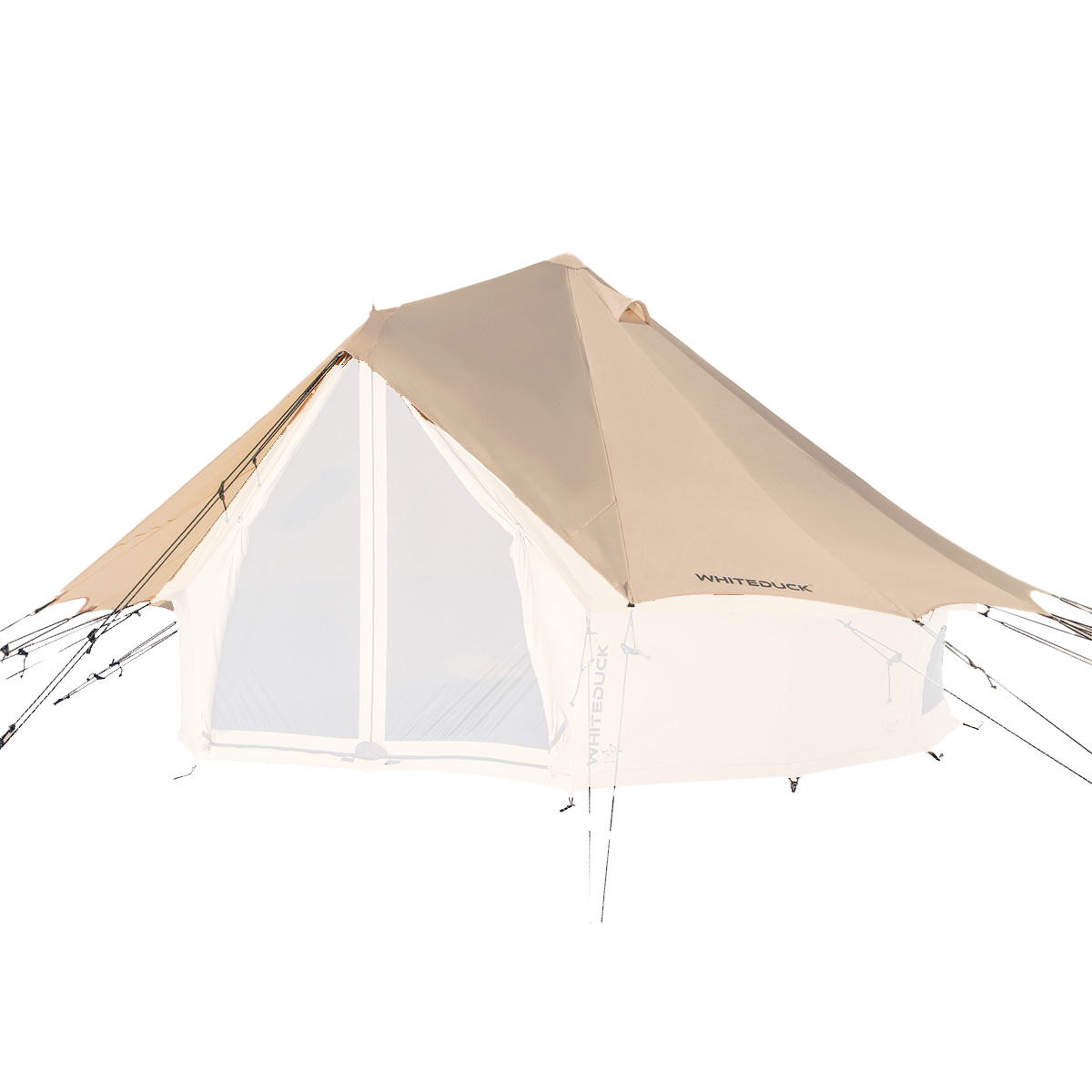 White Duck Outdoors bell tent fly sheet in sandstone beige, fully opened, showing durable waterproof fabric and tent coverage.