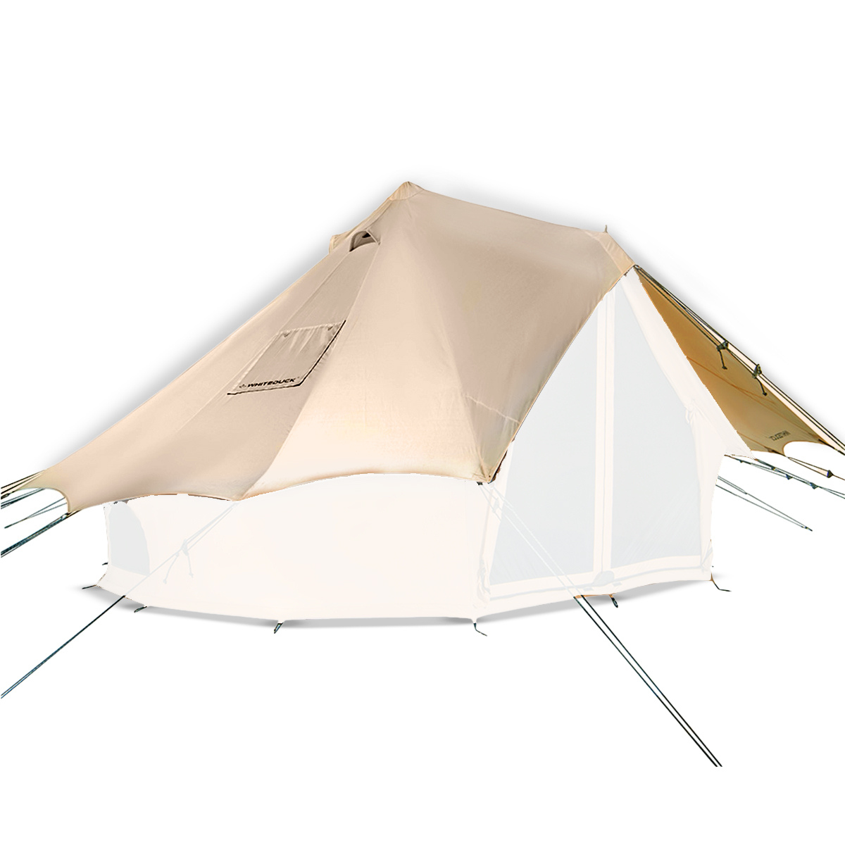 White Duck Outdoors bell tent fly sheet in sandstone beige, showing the durable fabric and side view of the tent exterior.