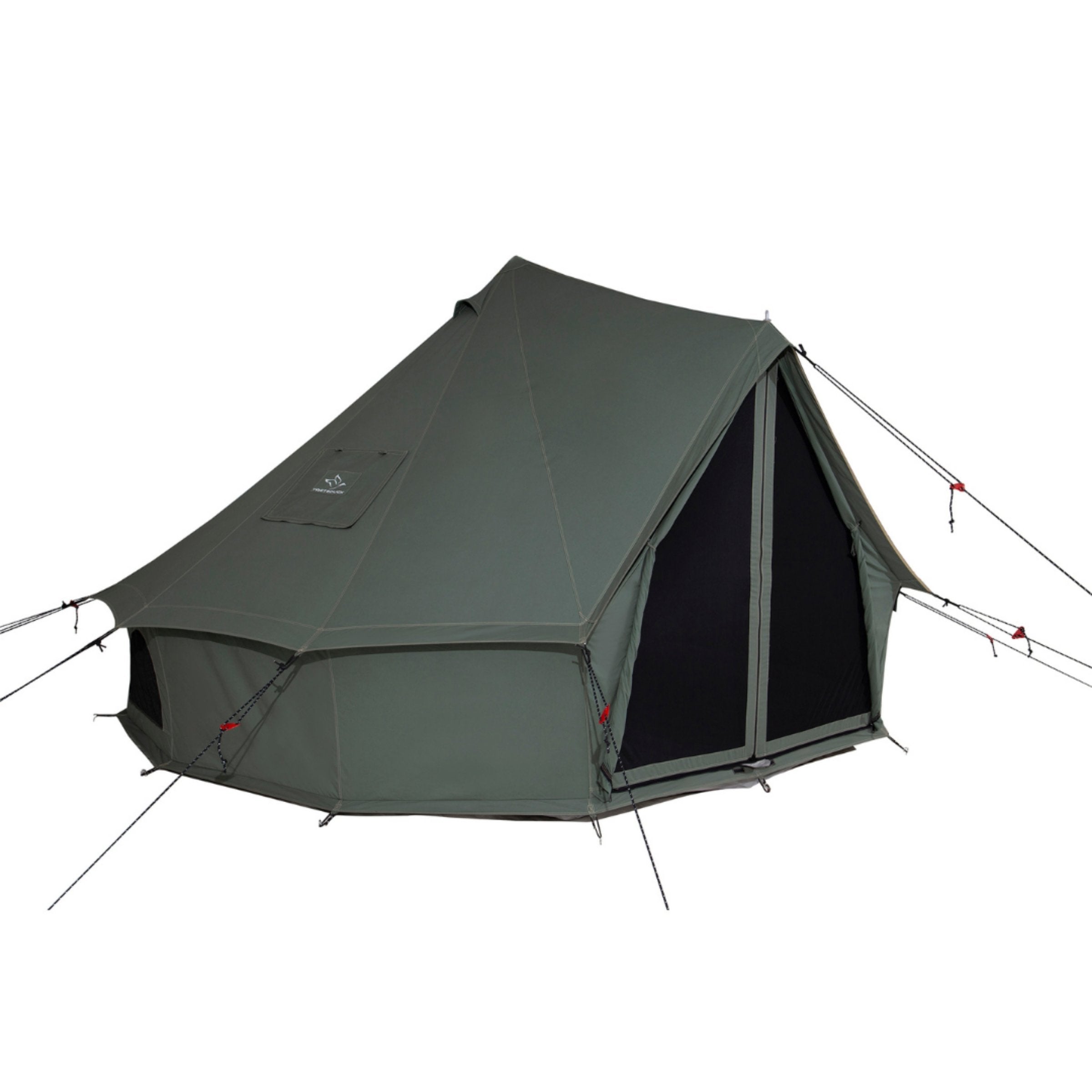 Forest green White Duck Outdoors 16-foot Regatta Bell Tent showing front-left view with canvas walls and sturdy support poles.
