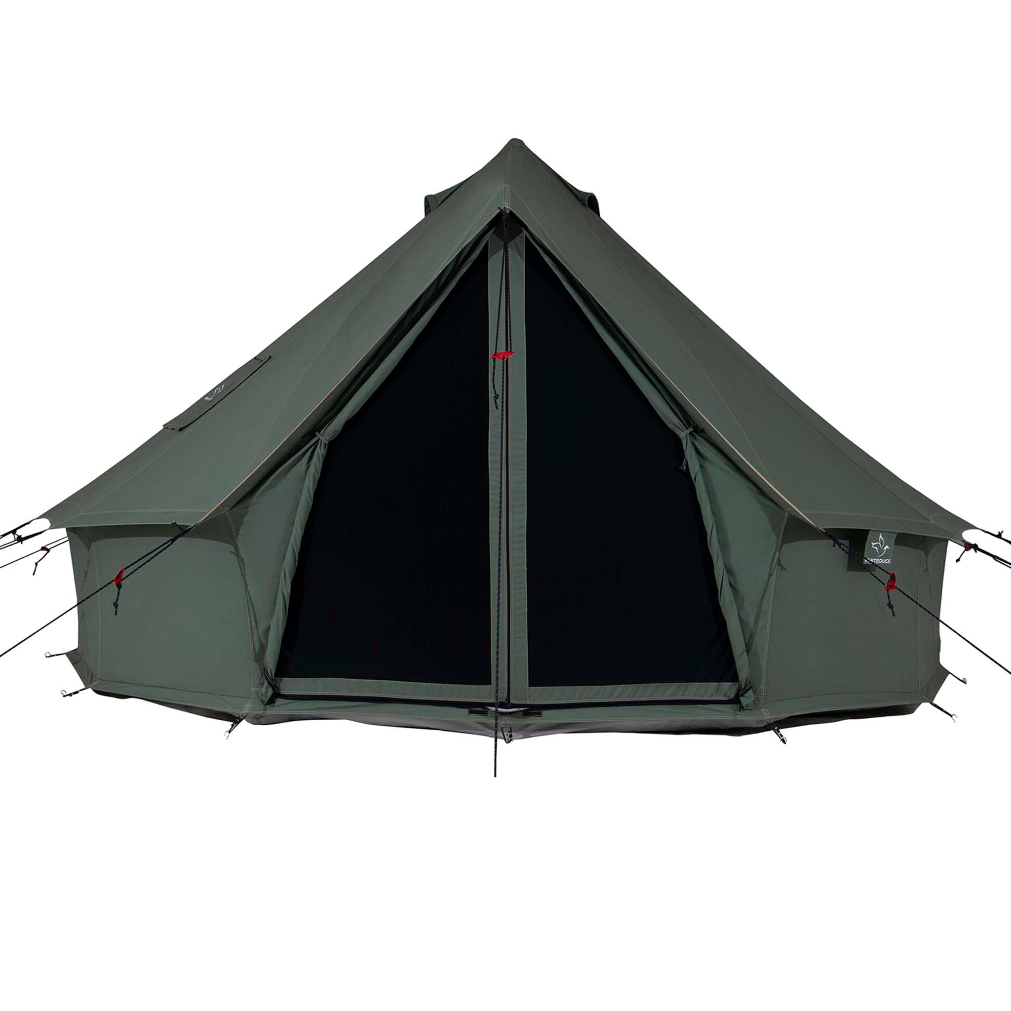 Forest green Regatta Bell Tent by White Duck Outdoors set up outdoors with its spacious, rounded shape and sturdy fabric walls.