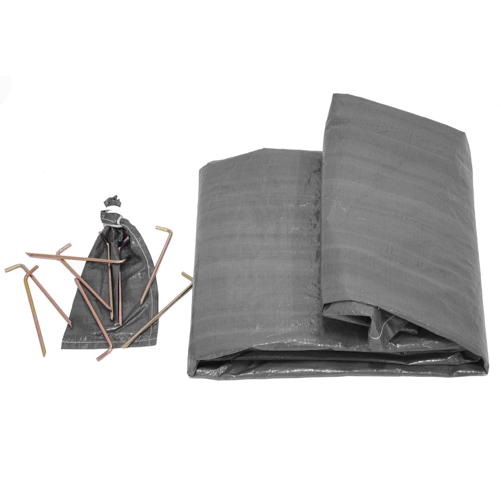 Folded White Duck Outdoors 13-foot Regatta Bell Tent groundsheet with tools for camping setup.