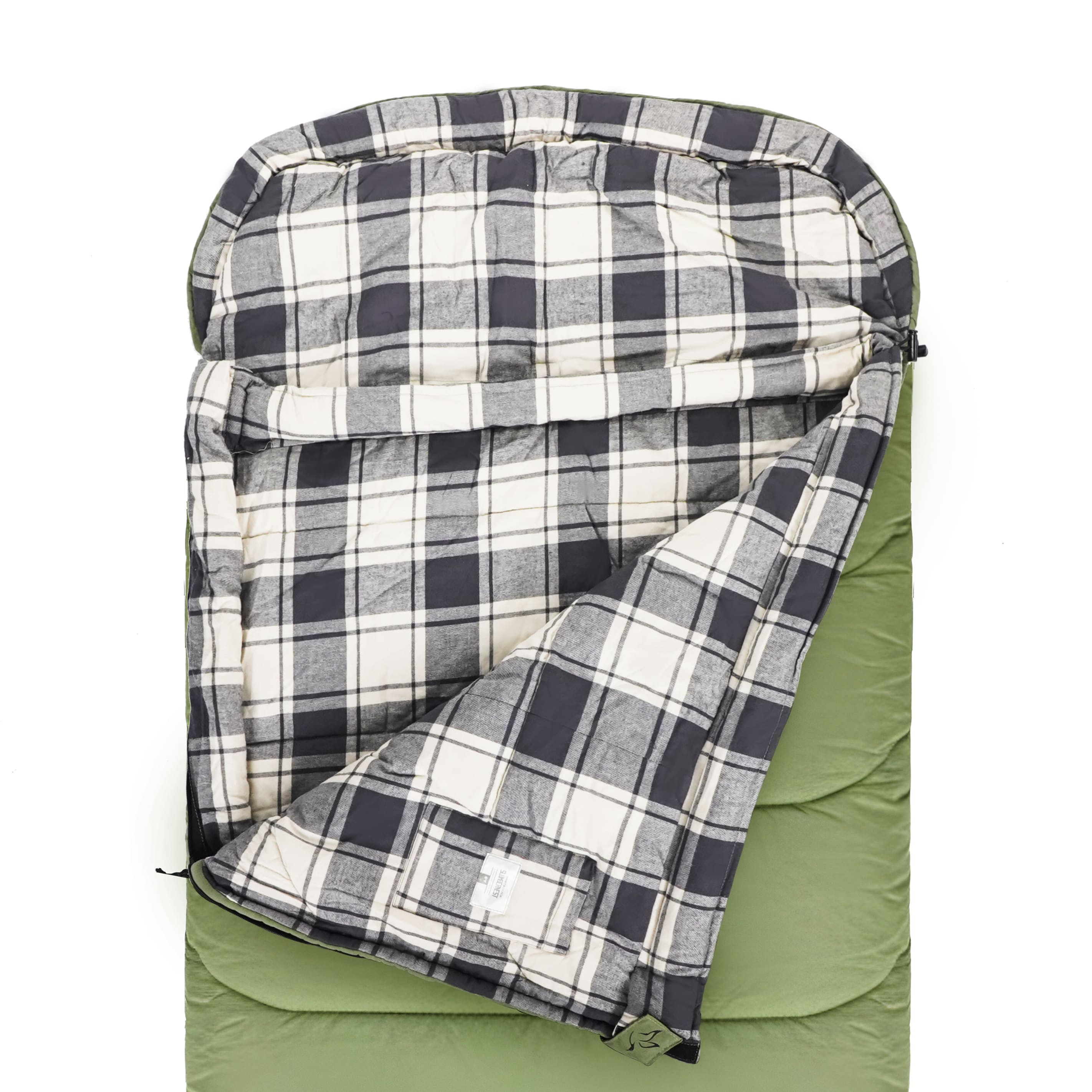 White Duck Outdoors Slumbernest™ sleeping bag in green, designed for 50°F camping, showing its insulated, lightweight sleeping bag interior.