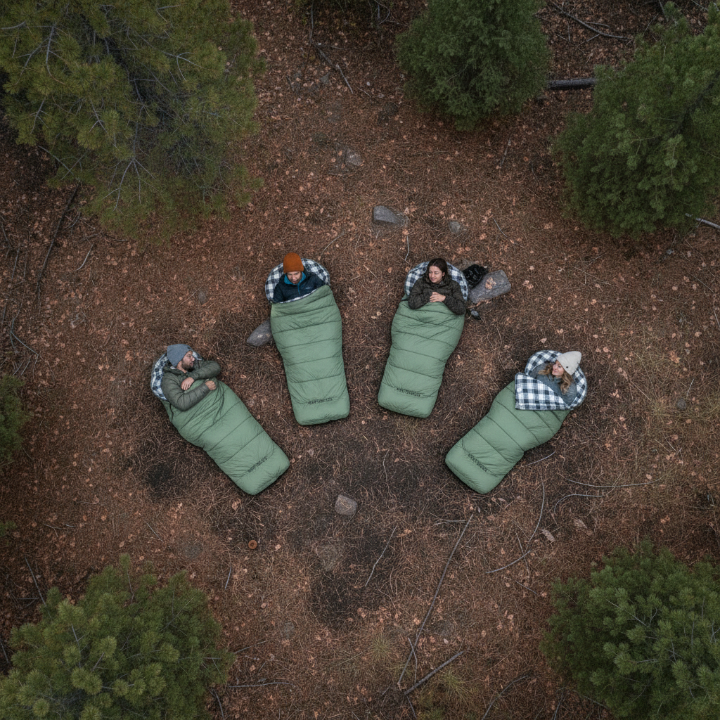 White Duck Outdoors Slumbernest™ sleeping bag laid out in a cozy camping setting, showcasing its lightweight and insulated design.