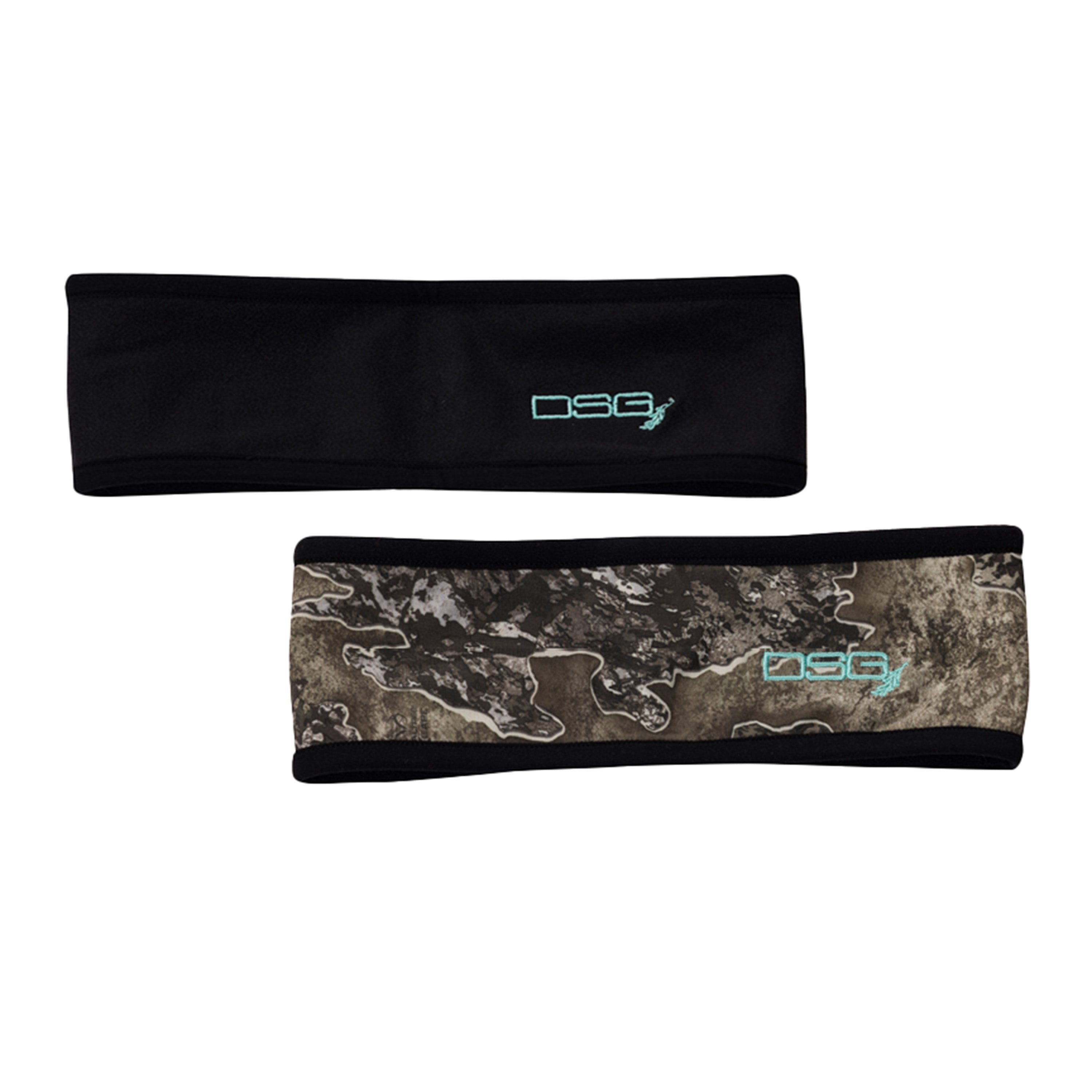 Reversible black Hunt headband by DSG OUTERWEAR, showing front and back design, made of soft, stretchy fabric for active wear.