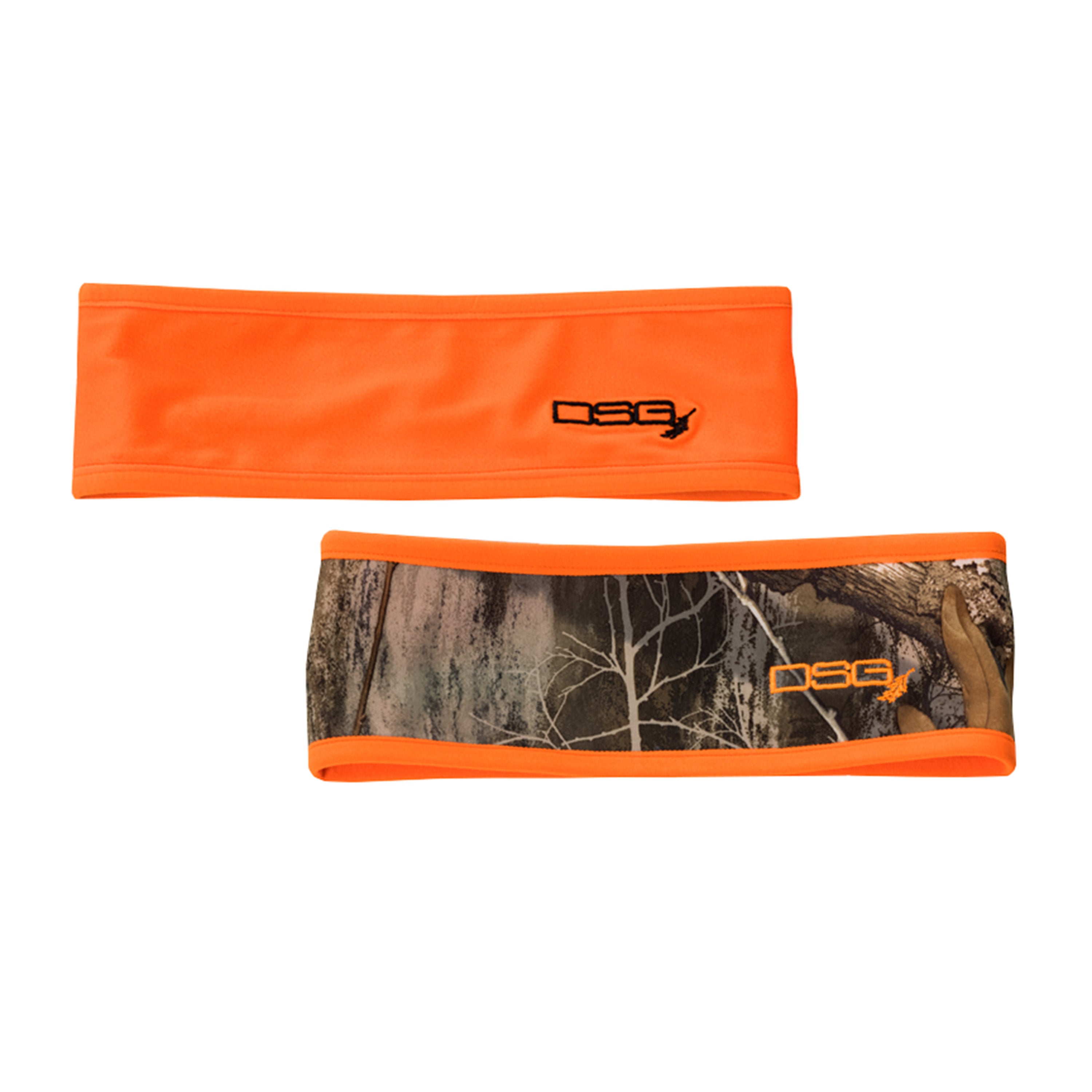 DSG OUTERWEAR Hunt reversible headband in vibrant orange edge, showing both sides with stylish, functional design for outdoor activities.