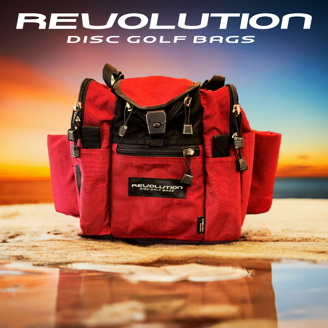 Gotta Go Gotta Throw Revolution Mini Deluxe V3 disc golf bag in crimson with multiple storage compartments and adjustable strap.