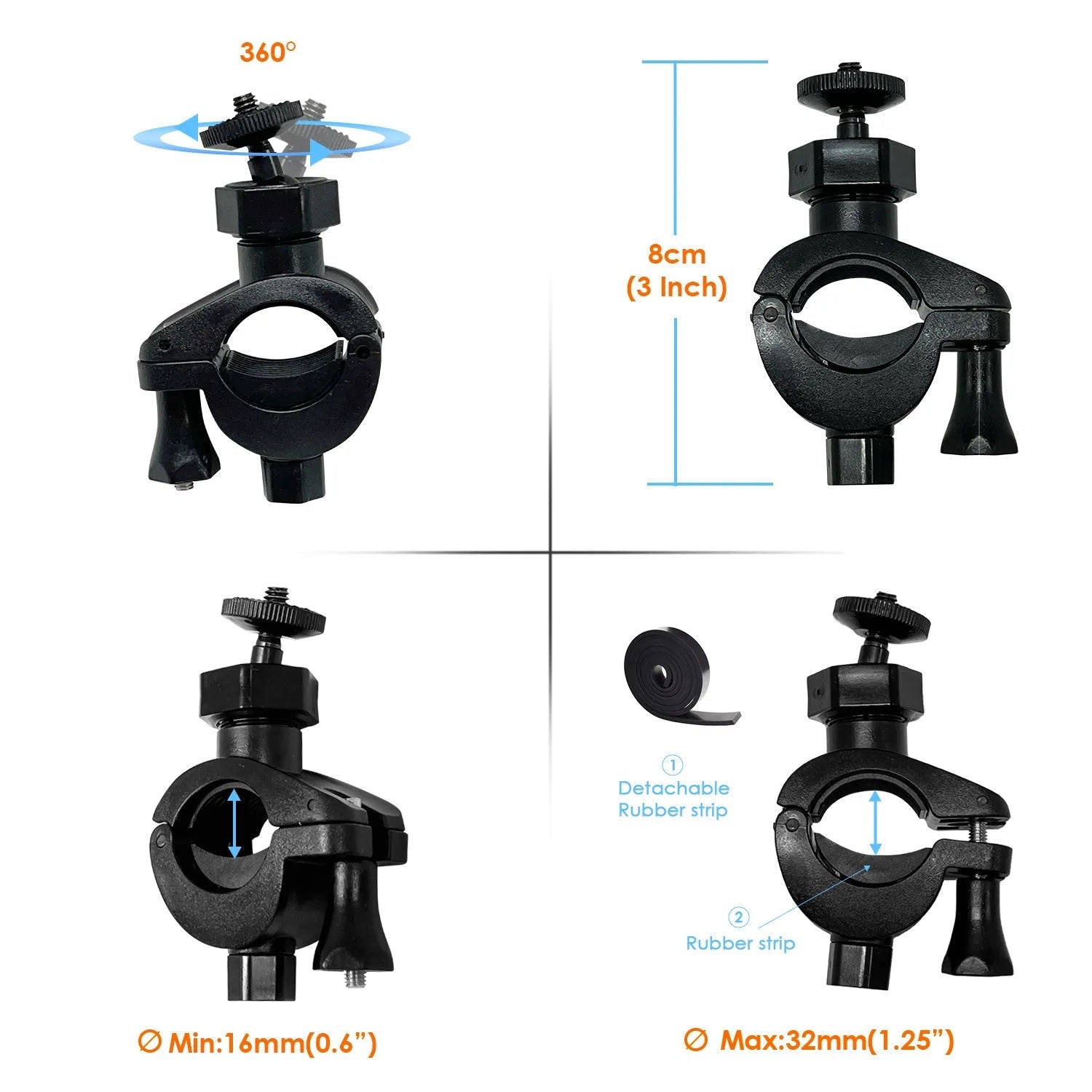 Rexing bike mount for action camera and fishing camera, securely attaches cameras to bike handlebars for outdoor recording.