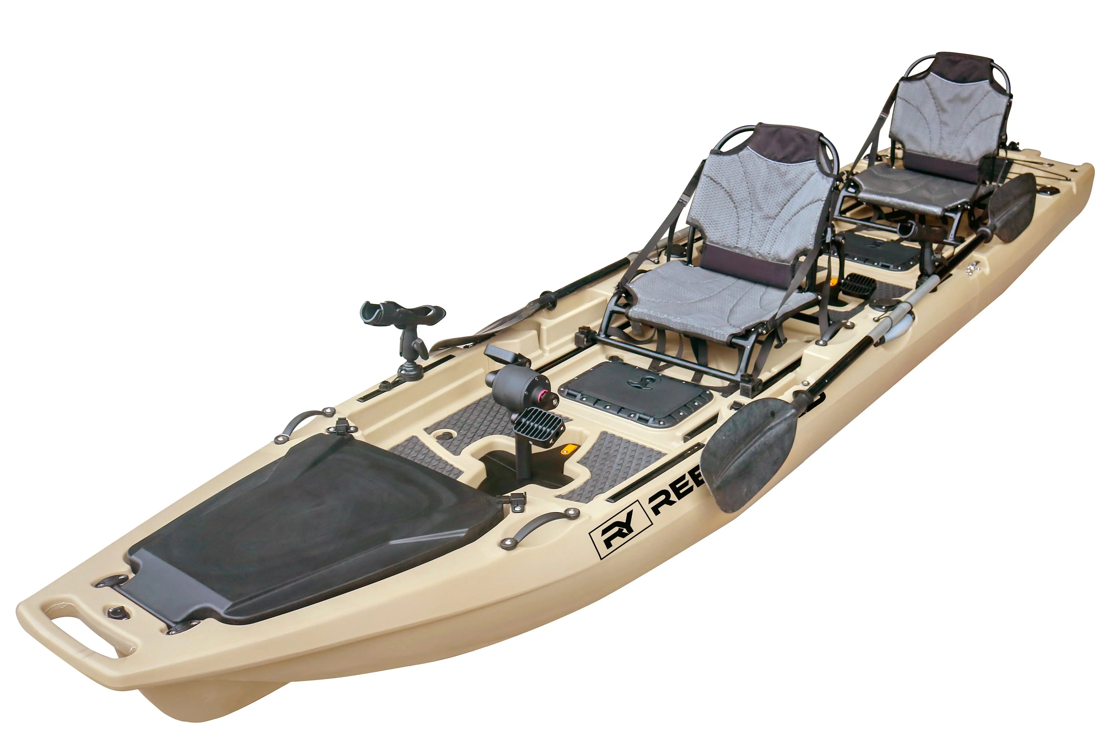 ReelYaks 13.8ft rocket propeller drive tandem and solo modular fishing kayak with 3-piece design and 550lbs capacity.