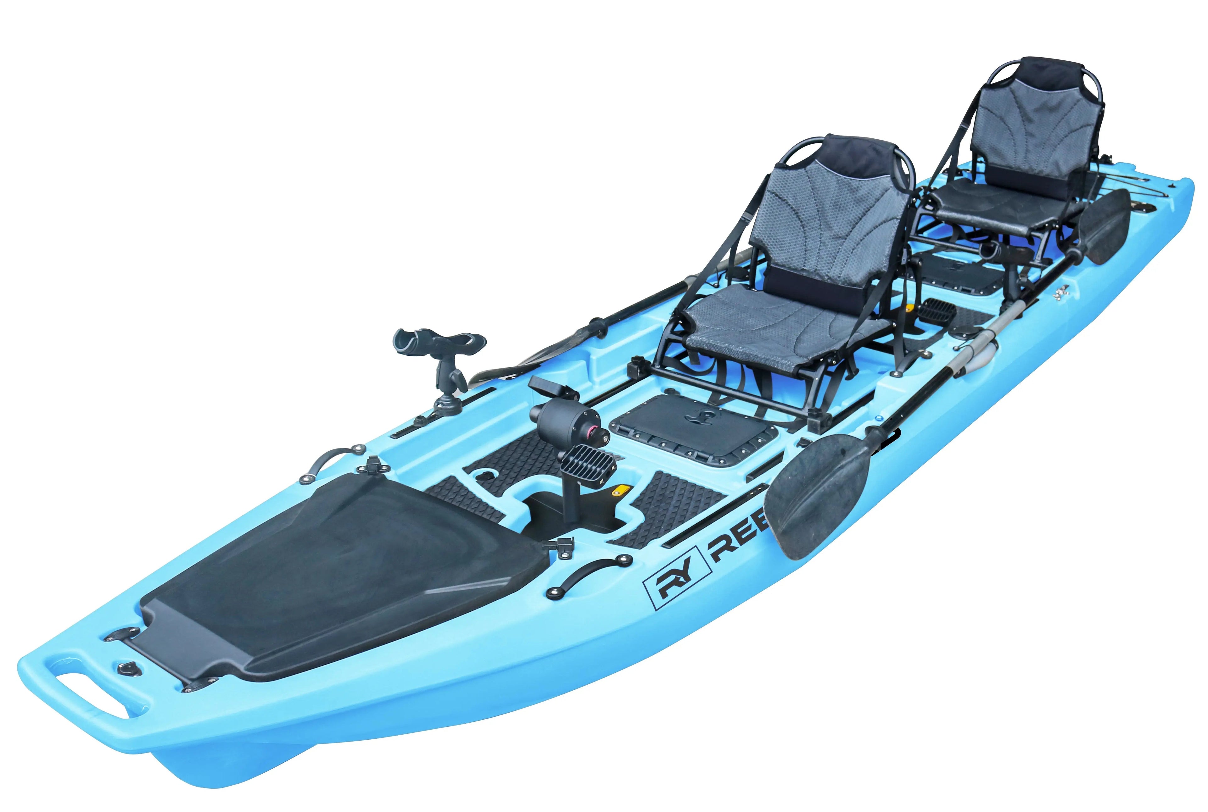 ReelYaks 13.8ft baby blue tandem and solo modular fishing kayak with rocket propeller drive, 550lbs capacity, 3-piece design