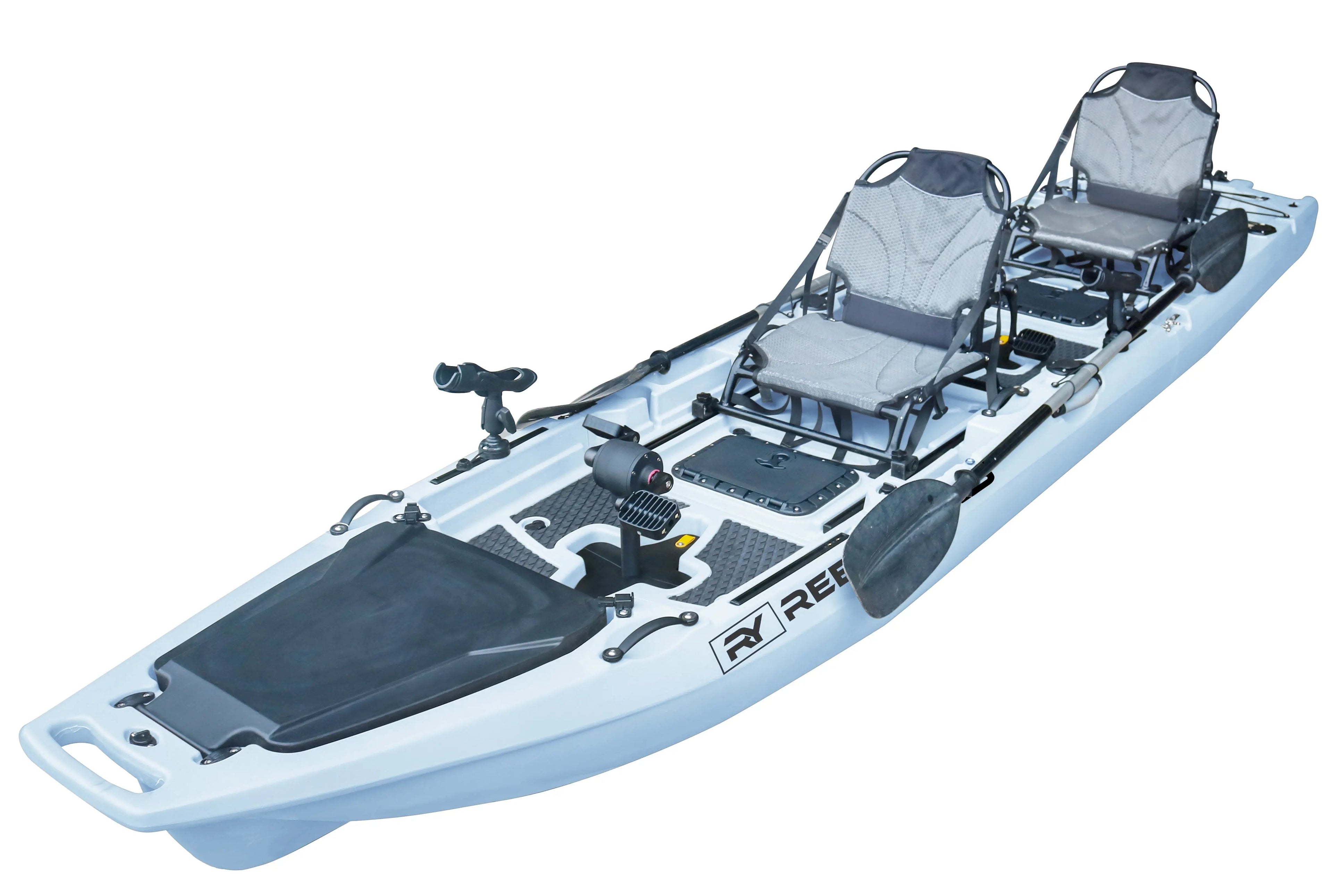 ReelYaks 13.8ft Rocket Propeller Drive tandem and solo modular fishing kayak in gunmetal gray with propeller drive and 550lbs capacity