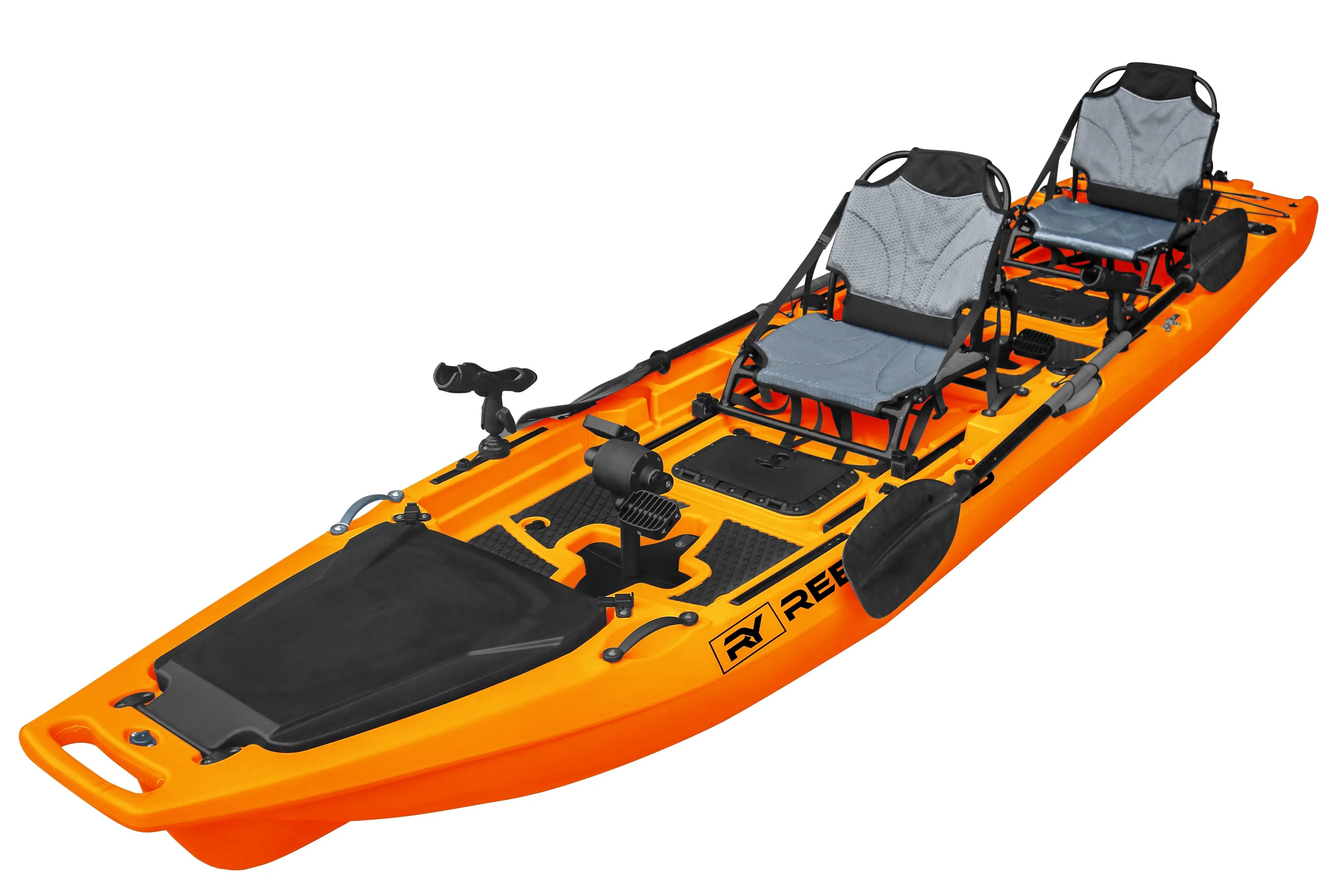 ReelYaks 13.8ft orange rocket propeller drive tandem and solo modular fishing kayak with 550lb capacity and three-piece design.