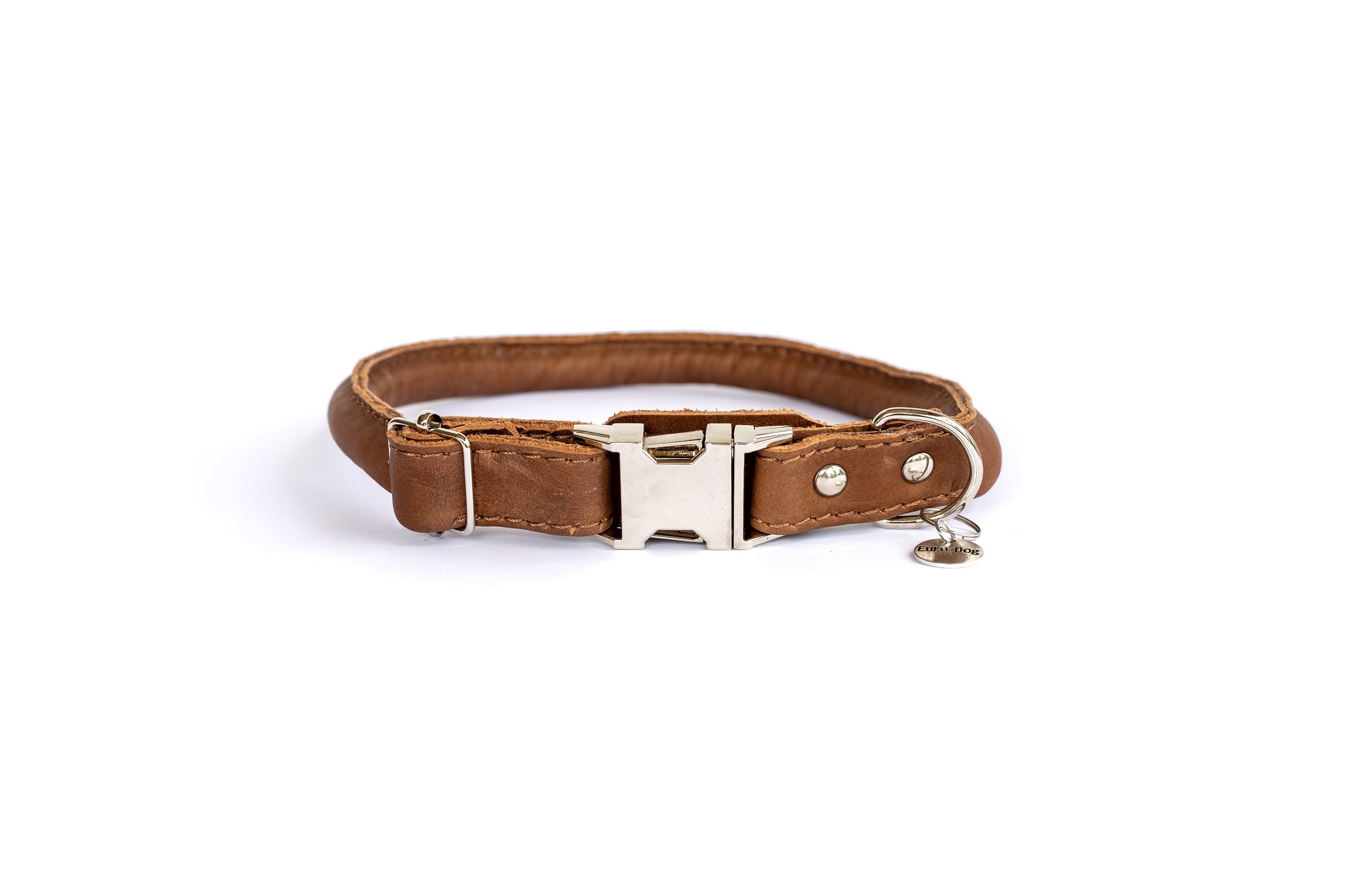 Light brown rolled leather dog collar with quick-release buckle from Euro-Dog Collars, designed for comfort and durability.