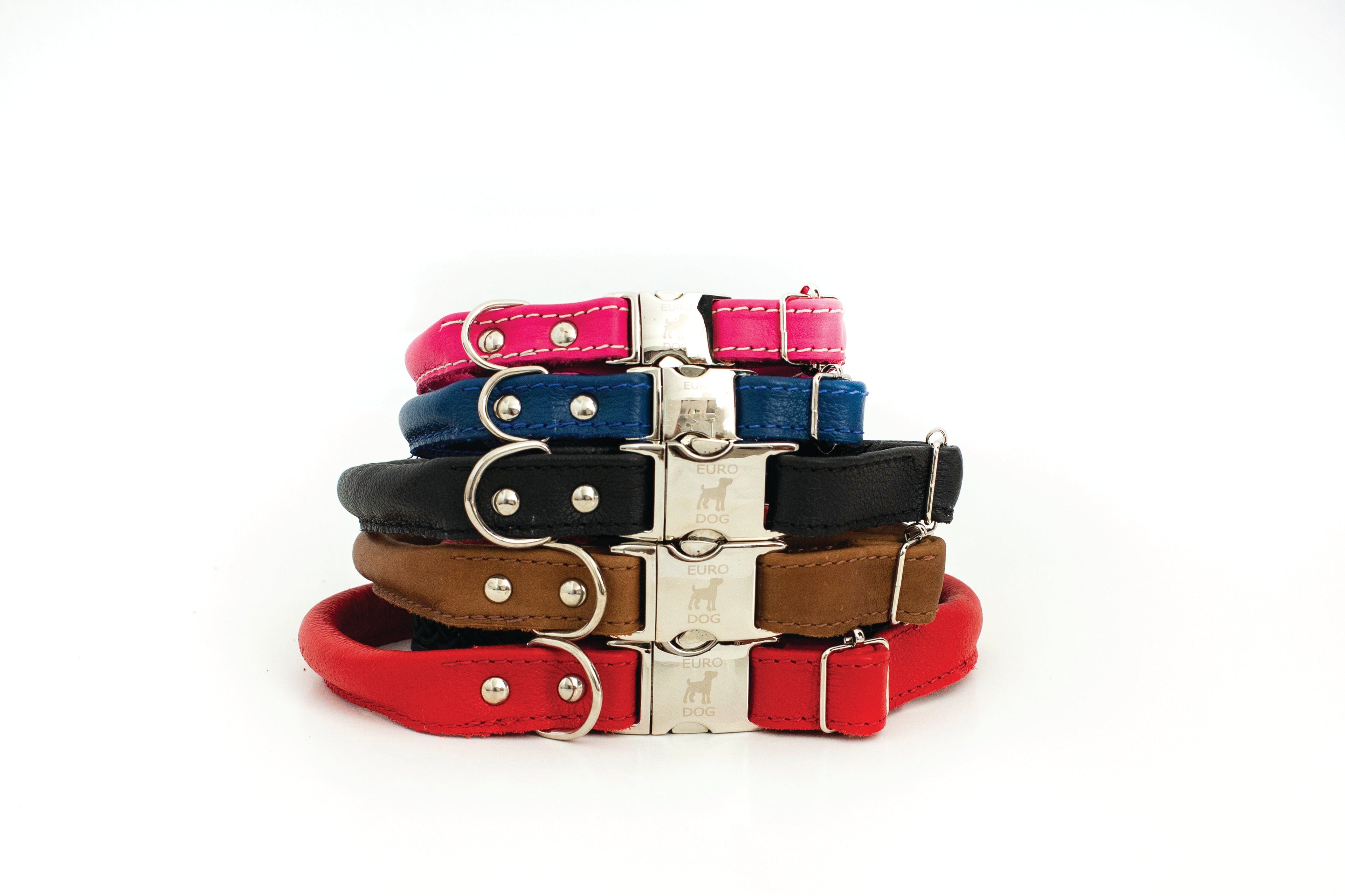Light brown leather dog collar with rolled style and quick-release buckle, featuring durable leather and secure fastening.