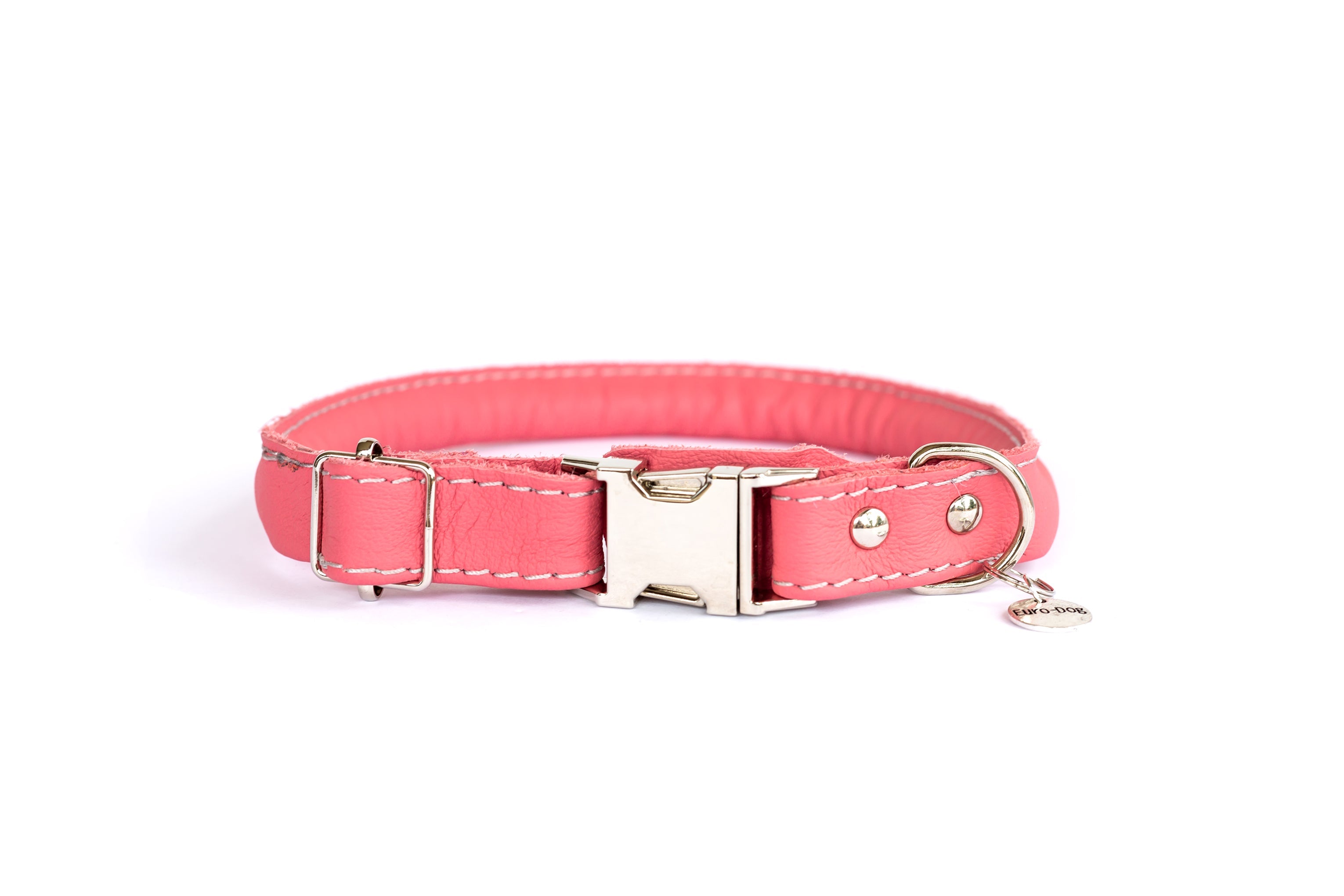 Rolled pink leather quick-release dog collar by Euro-Dog, featuring a smooth texture and durable design for comfort.