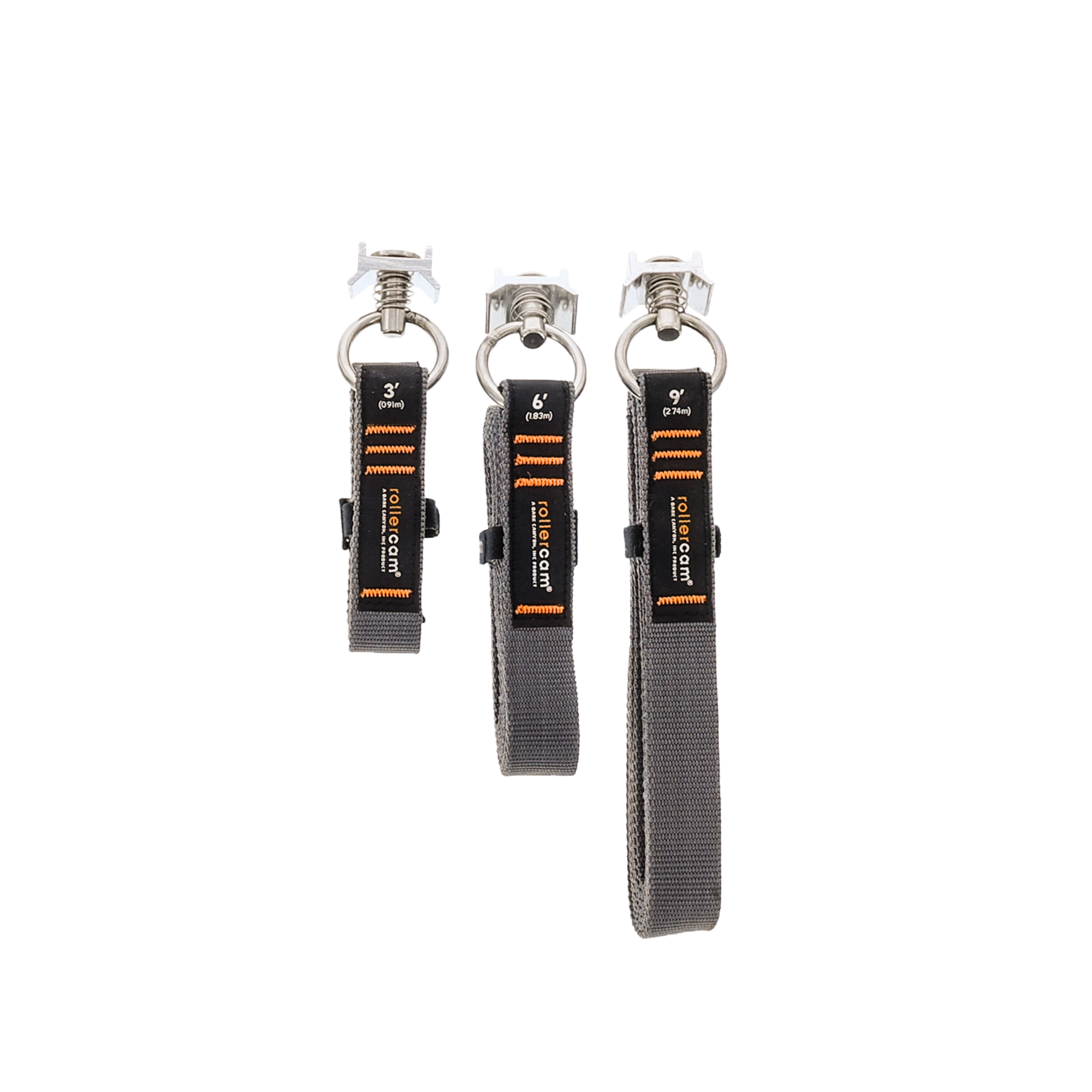 Rollercam L Track kit with truck bed tie-down straps in various sizes, featuring durable metal hooks and adjustable fittings.