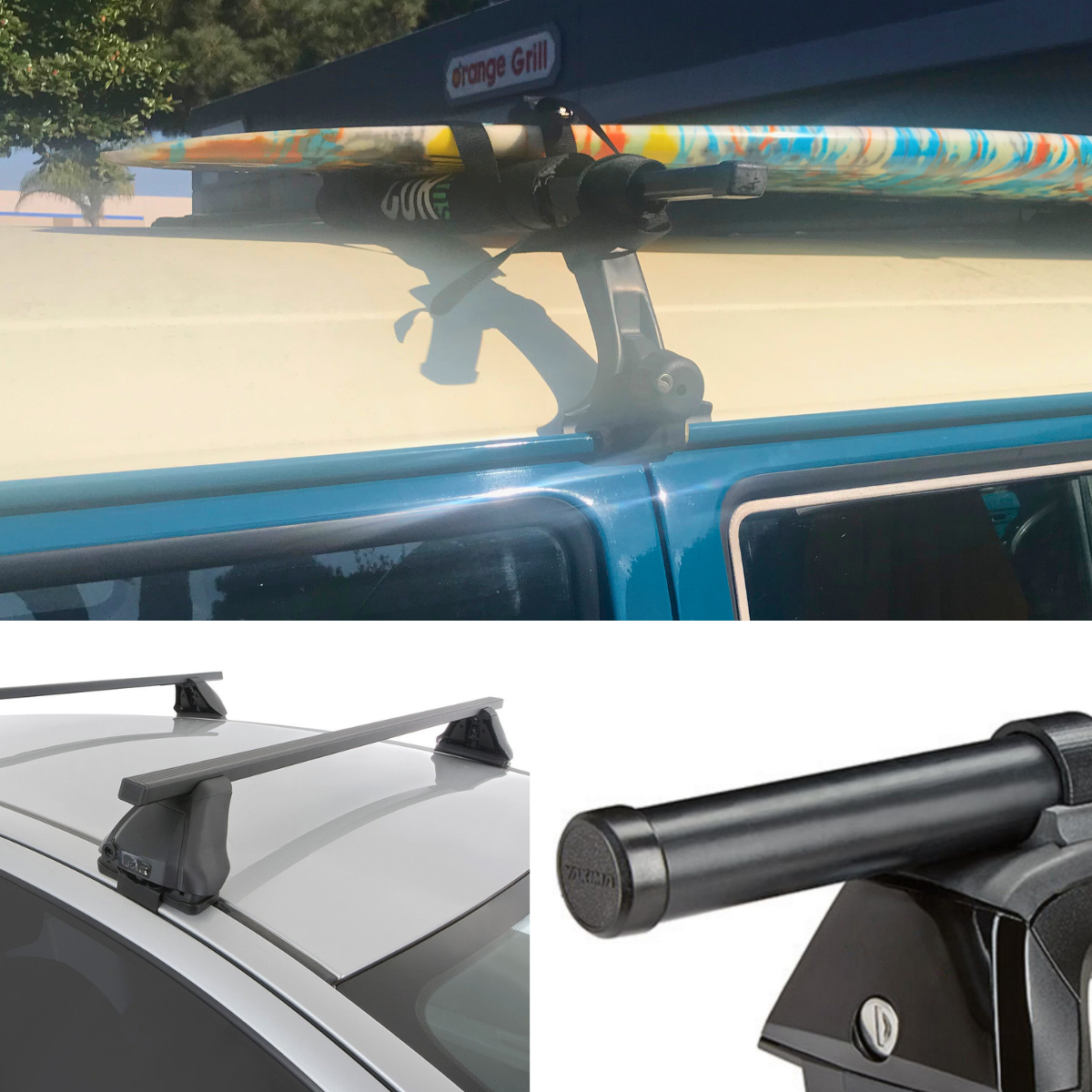 COR Surf round roof rack pads for surf and SUP, available in 28-inch and 19-inch lengths, with straps for secure transport.